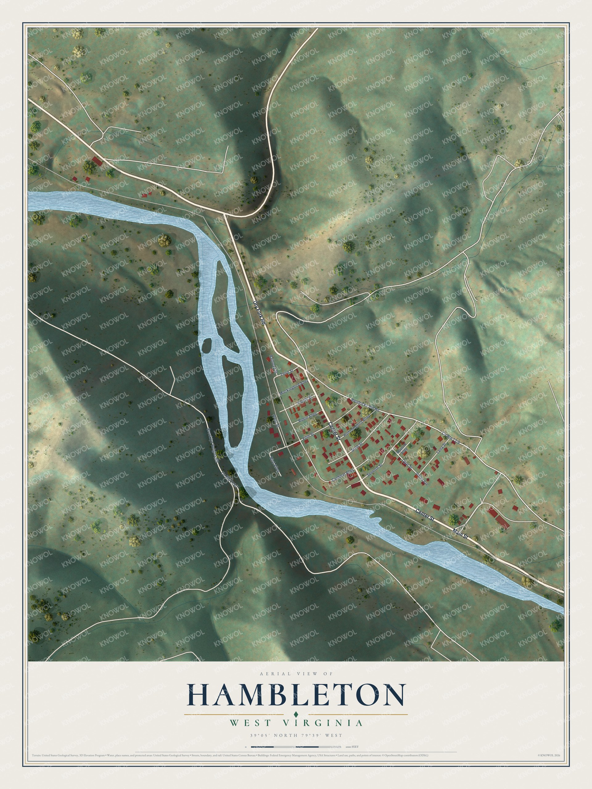 Full map of Hambleton, West Virginia, with red buildings, printed street names and the land around them