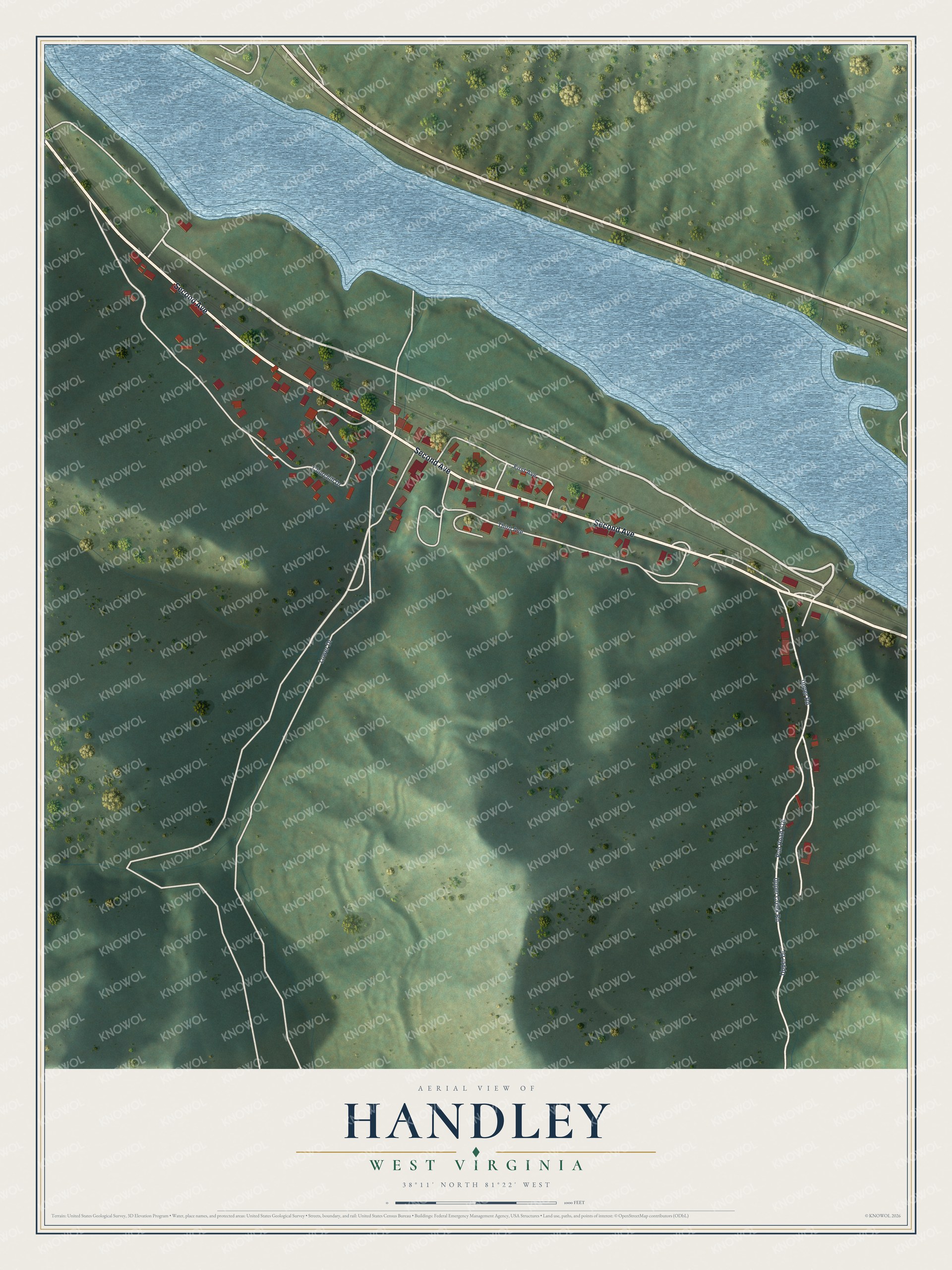 Full map of Handley, West Virginia, with red buildings, printed street names and the land around them