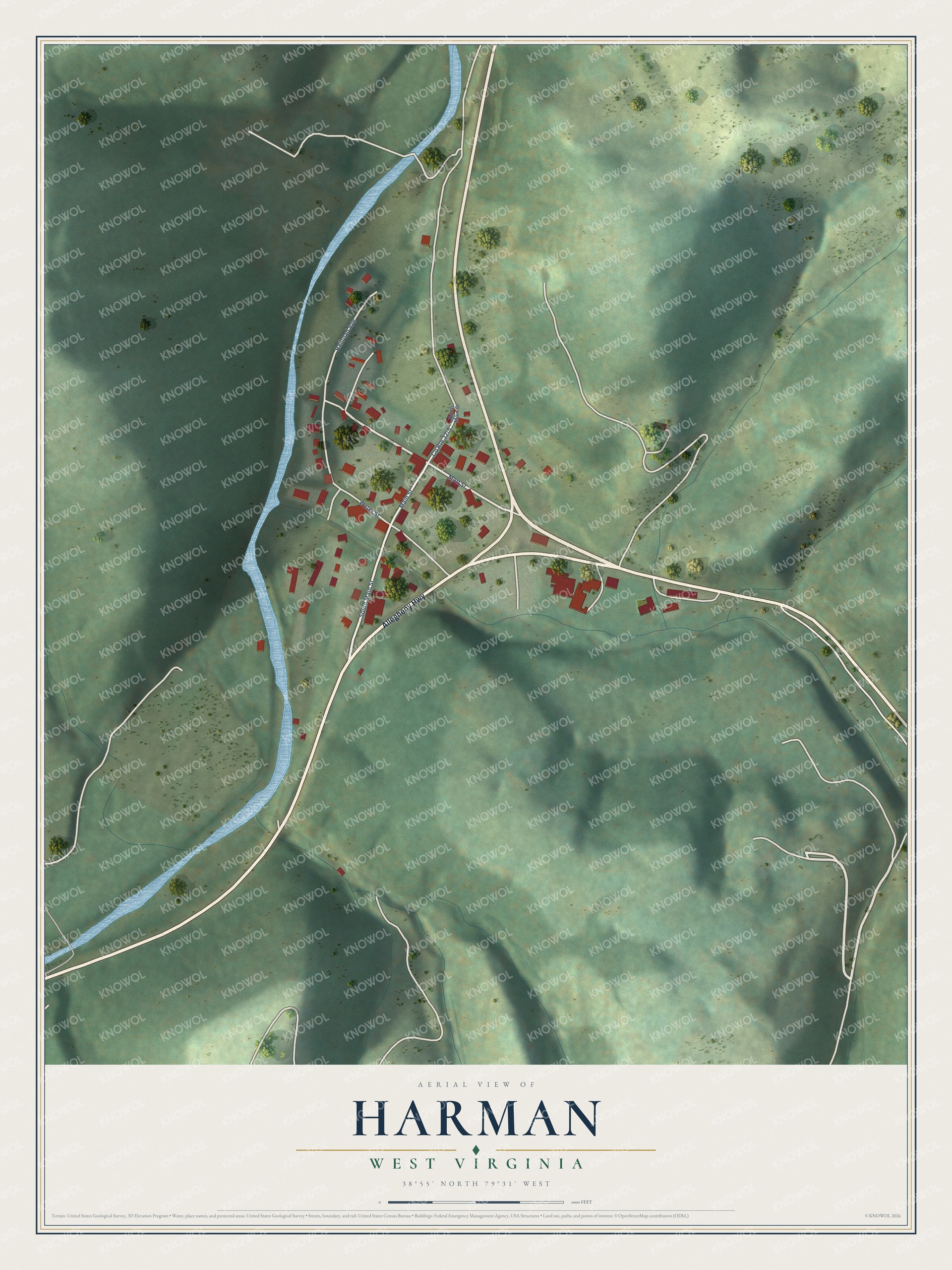 Full map of Harman, West Virginia, with red buildings, printed street names and the land around them