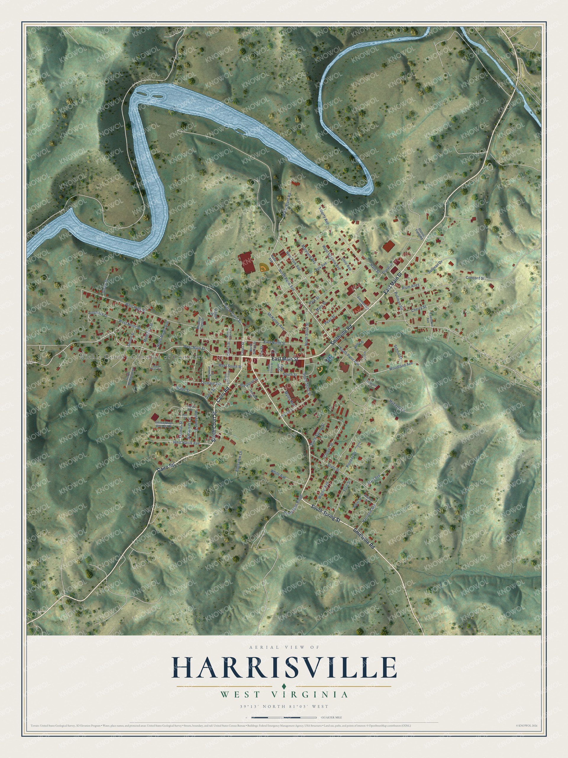 Full map of Harrisville, West Virginia, with red buildings, printed street names and the land around them