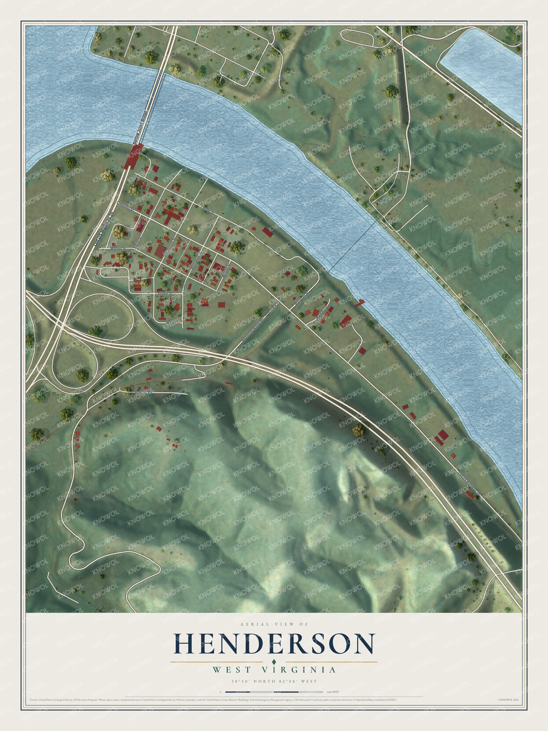 Full map of Henderson, West Virginia, with red buildings, printed street names and the land around them