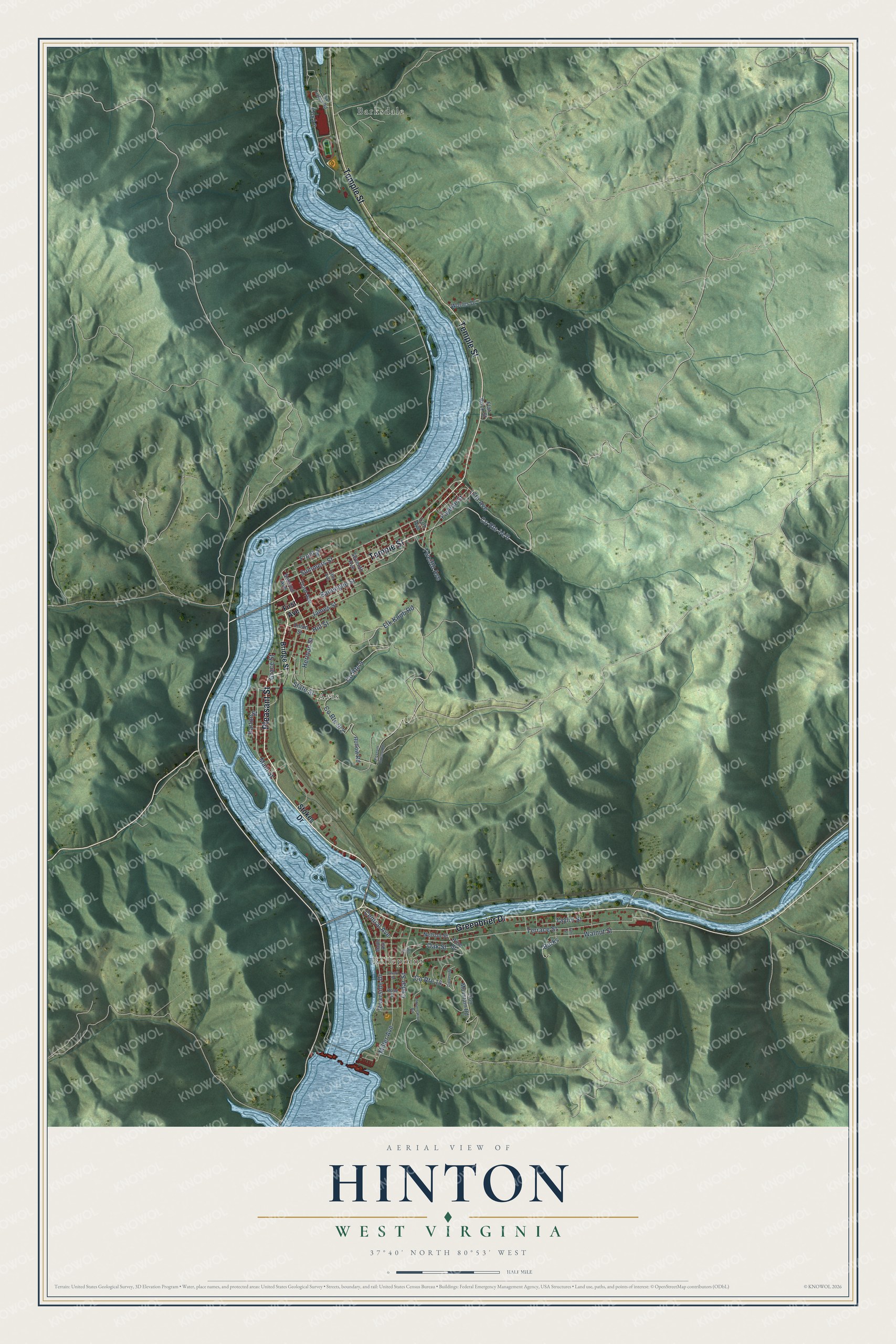 Full aerial map of Hinton, West Virginia, with blue river bends, green hills, red buildings, labeled streets, and a cream title panel