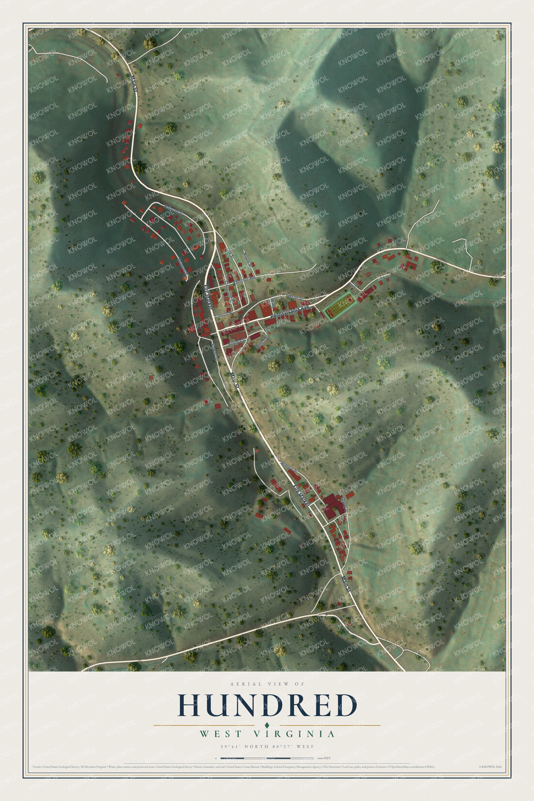 Full map of Hundred, West Virginia, with red buildings, printed street names and the land around them