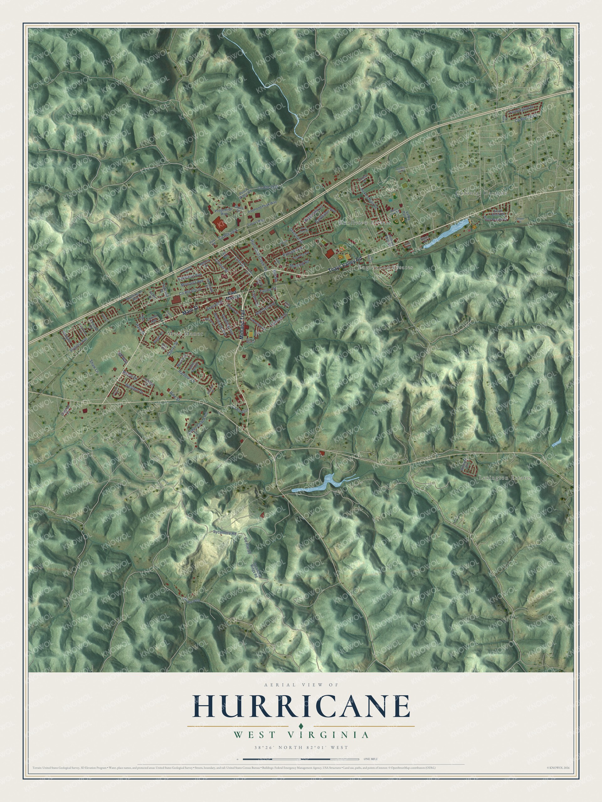 Full map of Hurricane, West Virginia, with red buildings, printed street names and the land around them