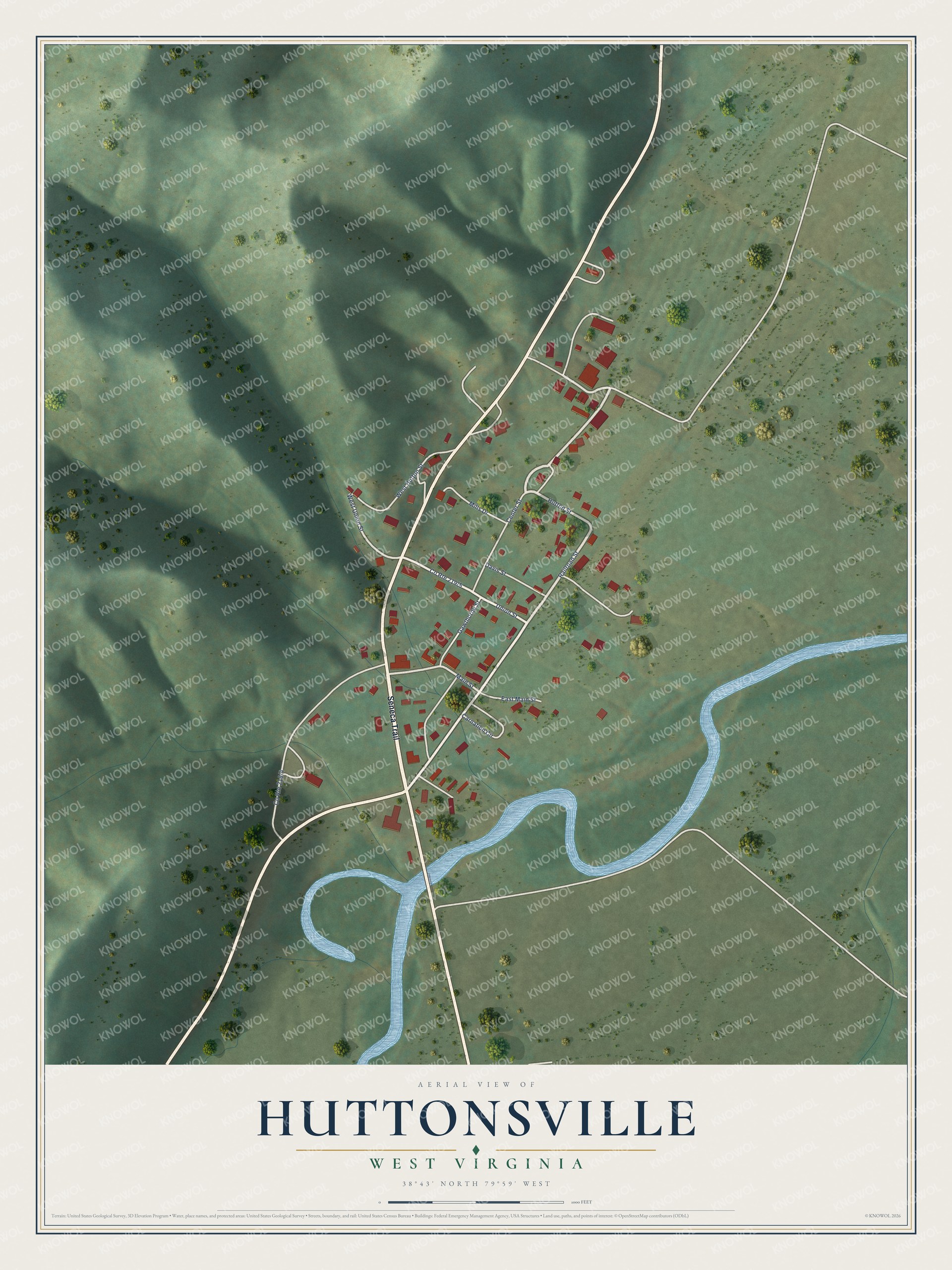 Full map of Huttonsville, West Virginia, with red buildings, printed street names and the land around them
