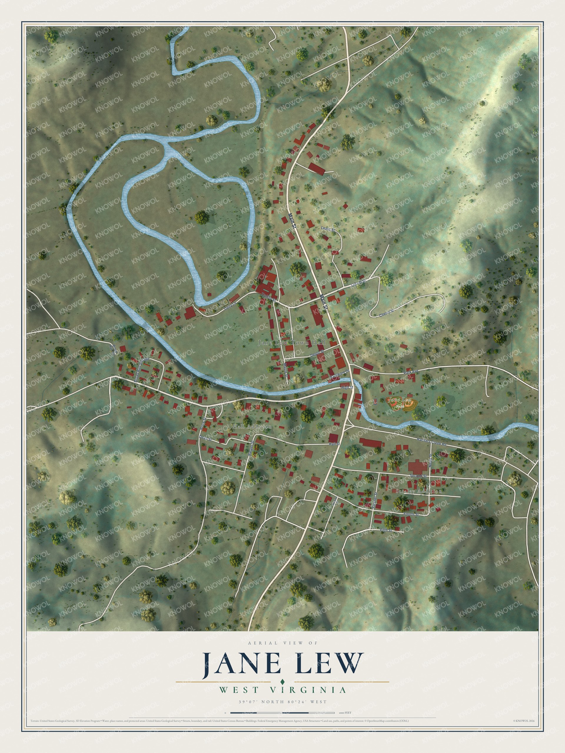 Full map of Jane Lew, West Virginia, with red buildings, printed street names and the land around them