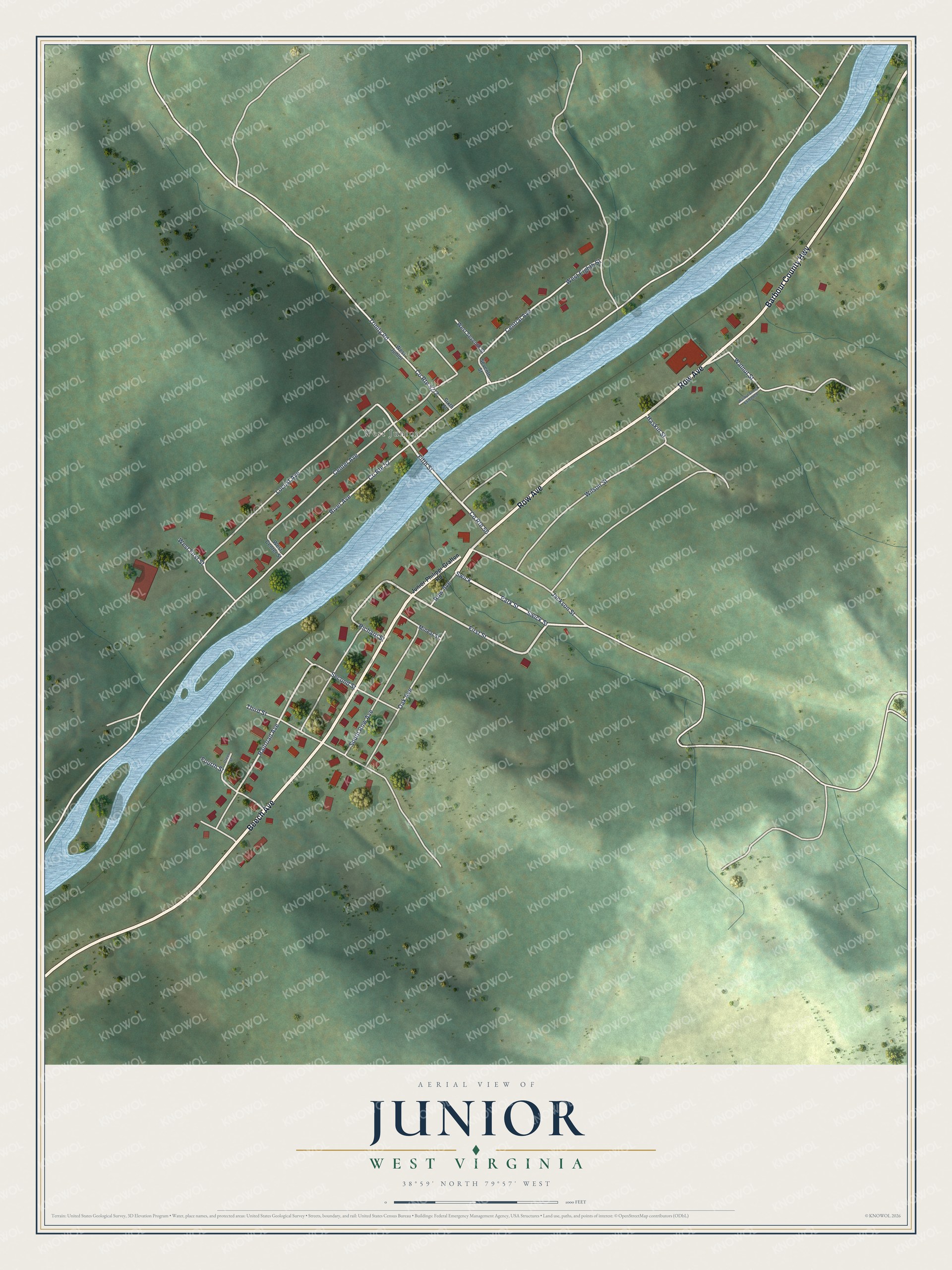 Full map of Junior, West Virginia, with red buildings, printed street names and the land around them