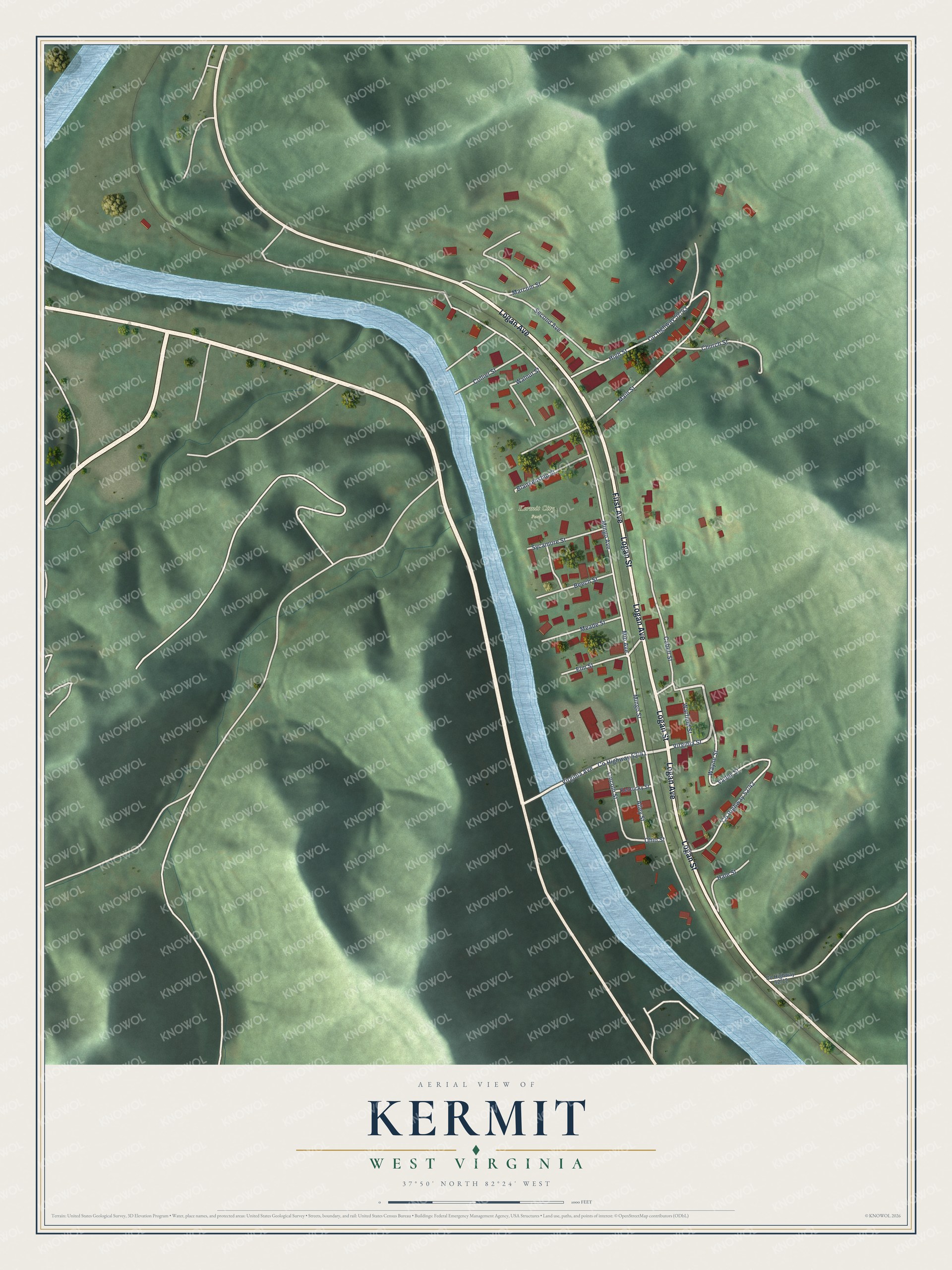 Full map of Kermit, West Virginia, with red buildings, printed street names and the land around them