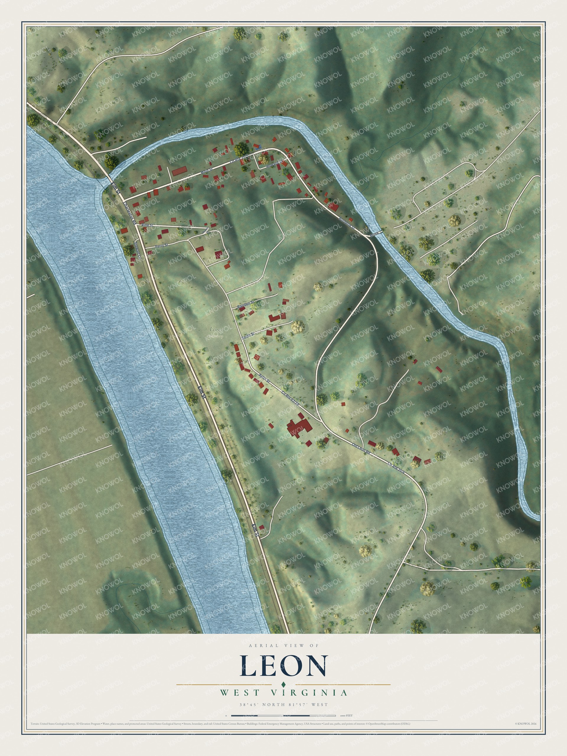 Full map of Leon, West Virginia, with red buildings, printed street names and the land around them
