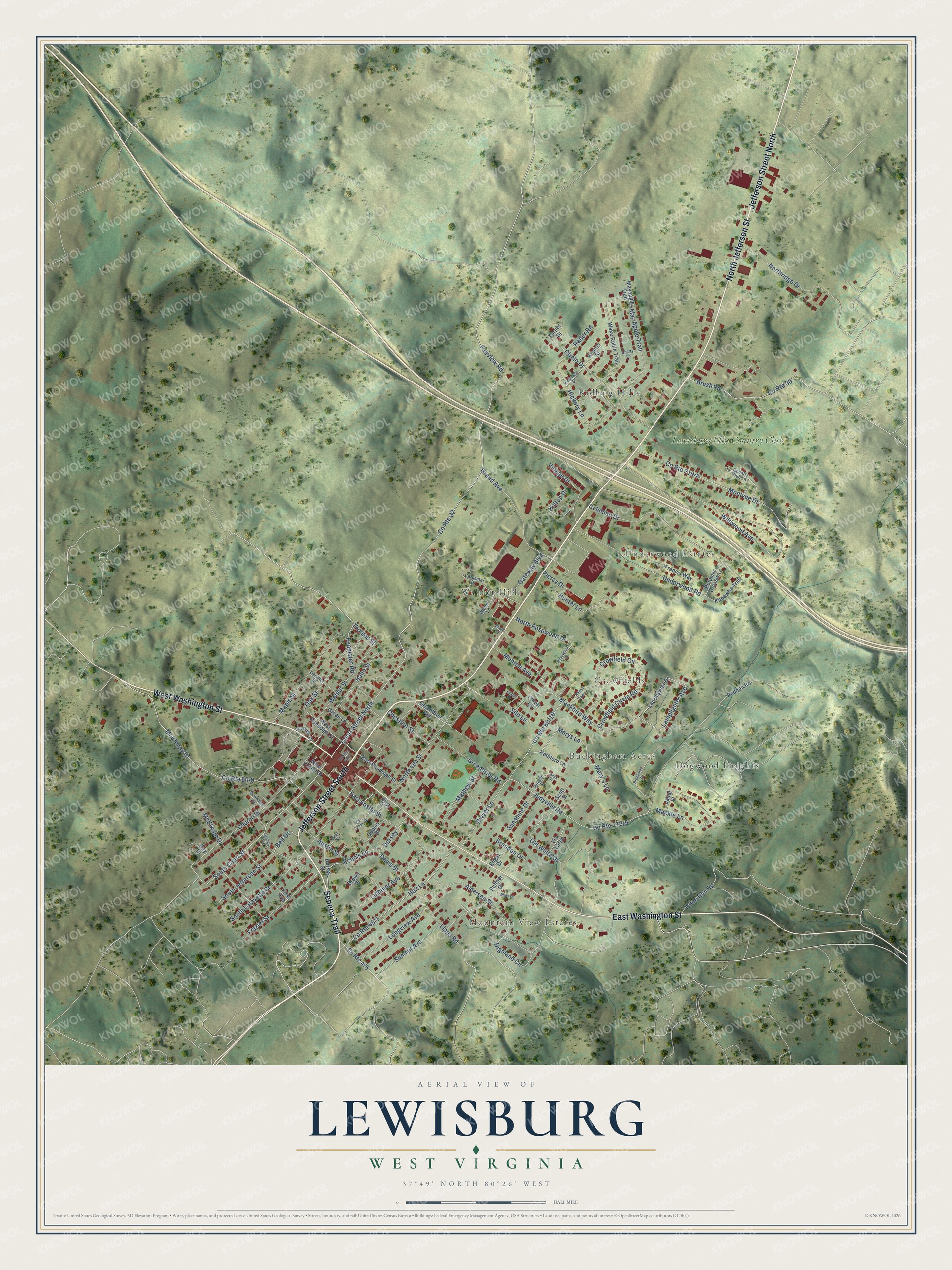 Full aerial map of Lewisburg, West Virginia, with red buildings, pale roads, green hills, and a cream title panel