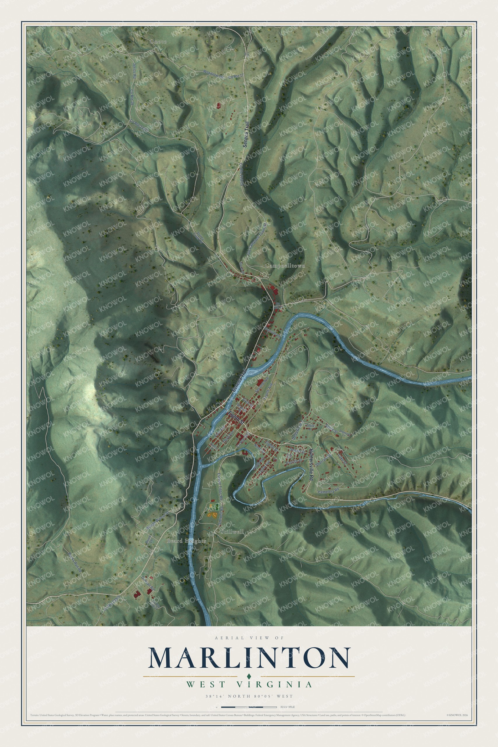 Full map of Marlinton, West Virginia, with red buildings, printed street names and the land around them