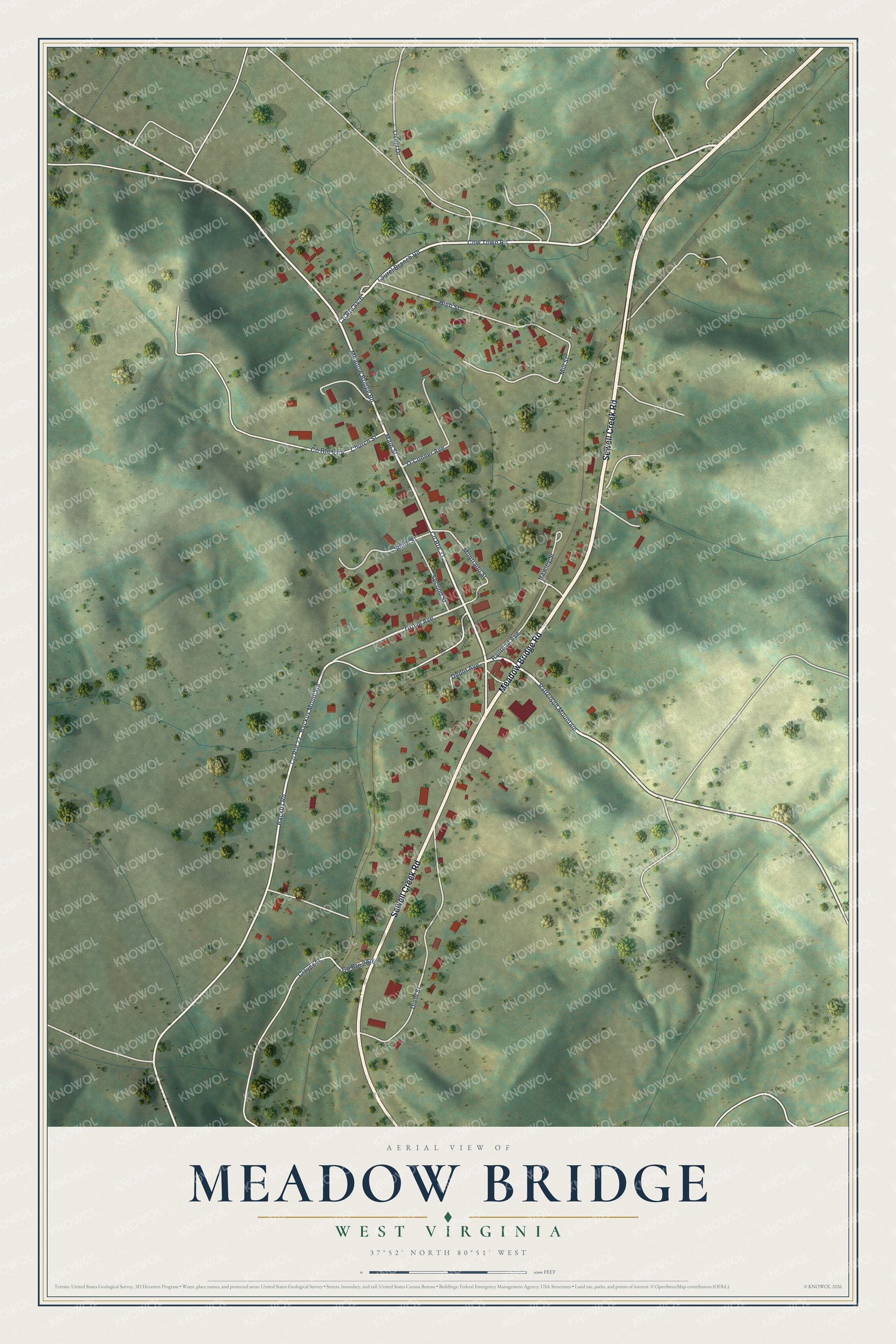 Full map of Meadow Bridge, West Virginia, with red buildings, printed street names and the land around them