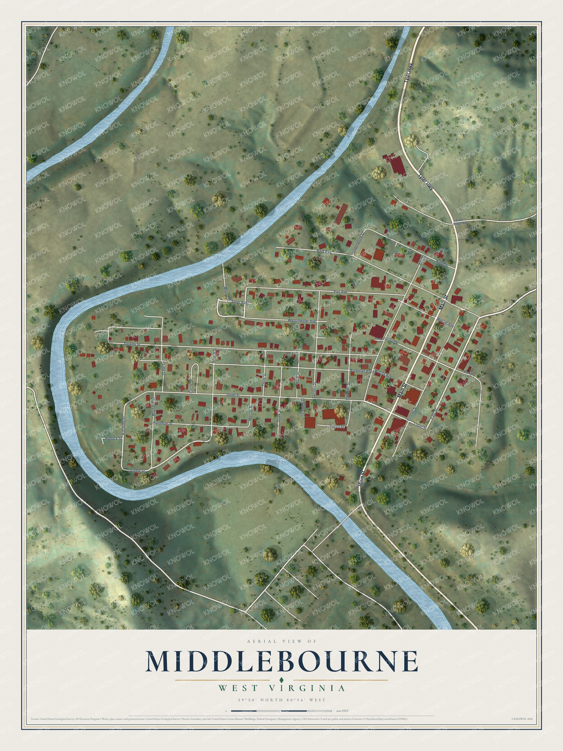 Full map of Middlebourne, West Virginia, with red buildings, printed street names and the land around them