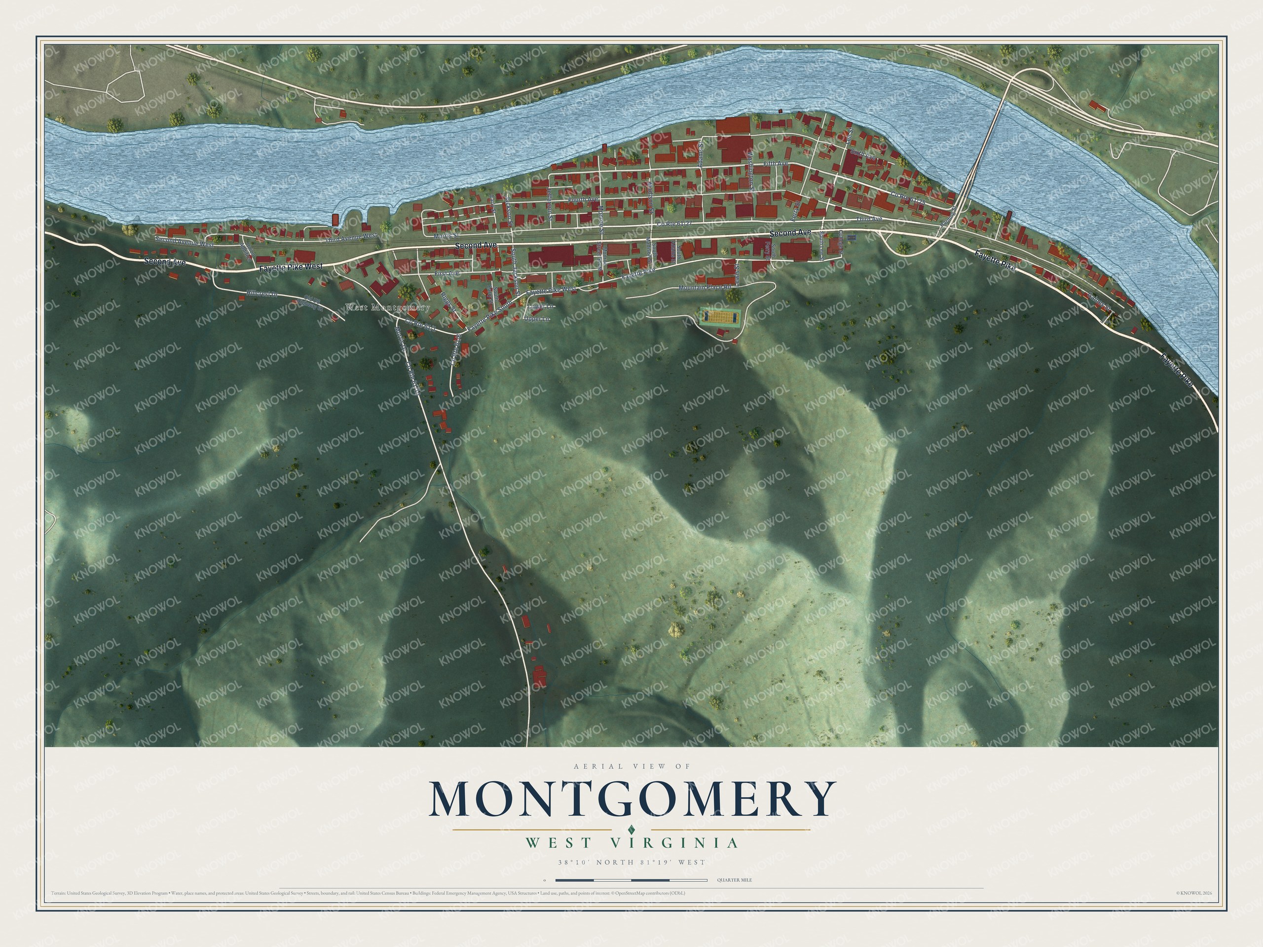 Full map of Montgomery, West Virginia, with red buildings, printed street names and the land around them