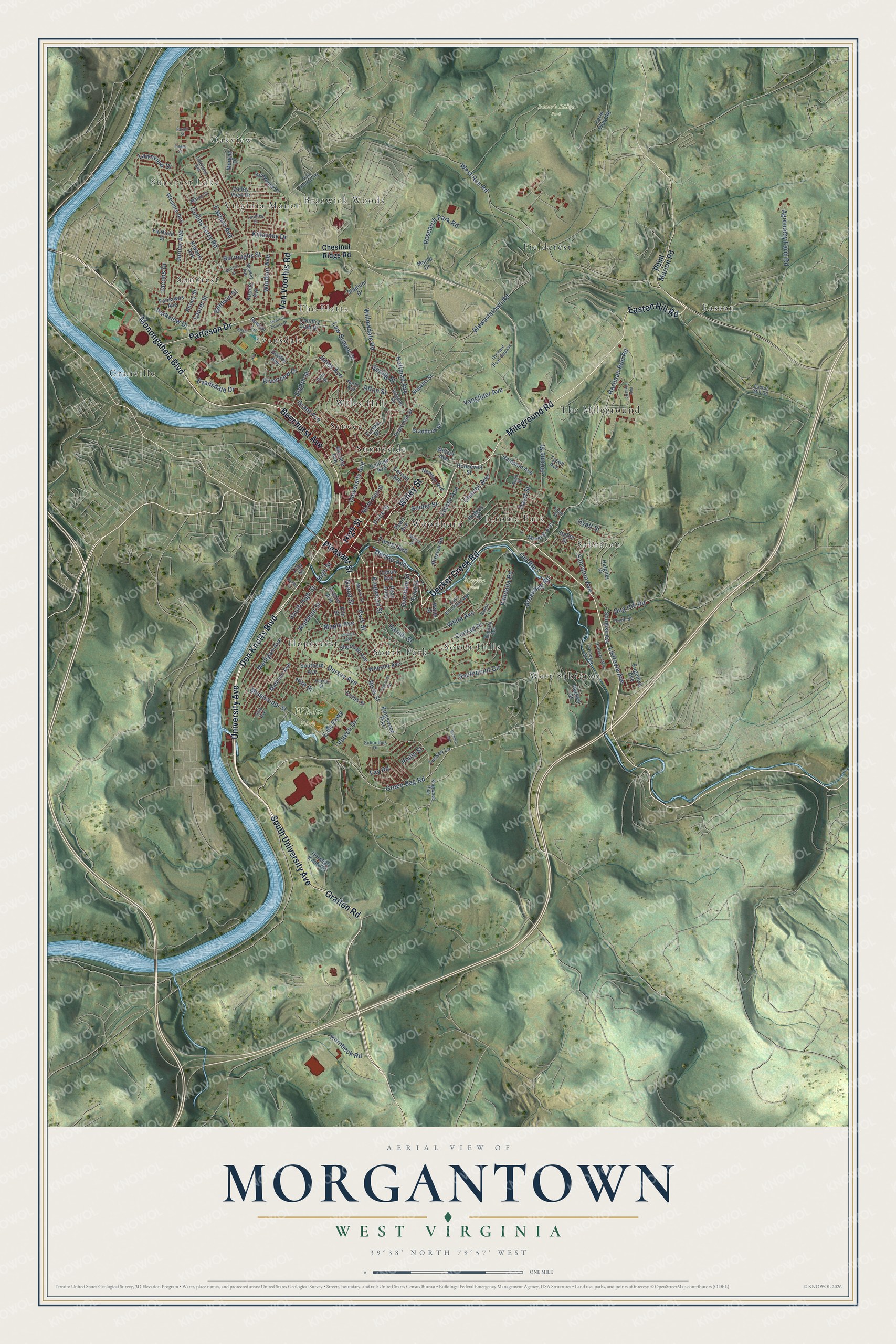 Full map of Morgantown, West Virginia, with red buildings, printed street names and the land around them