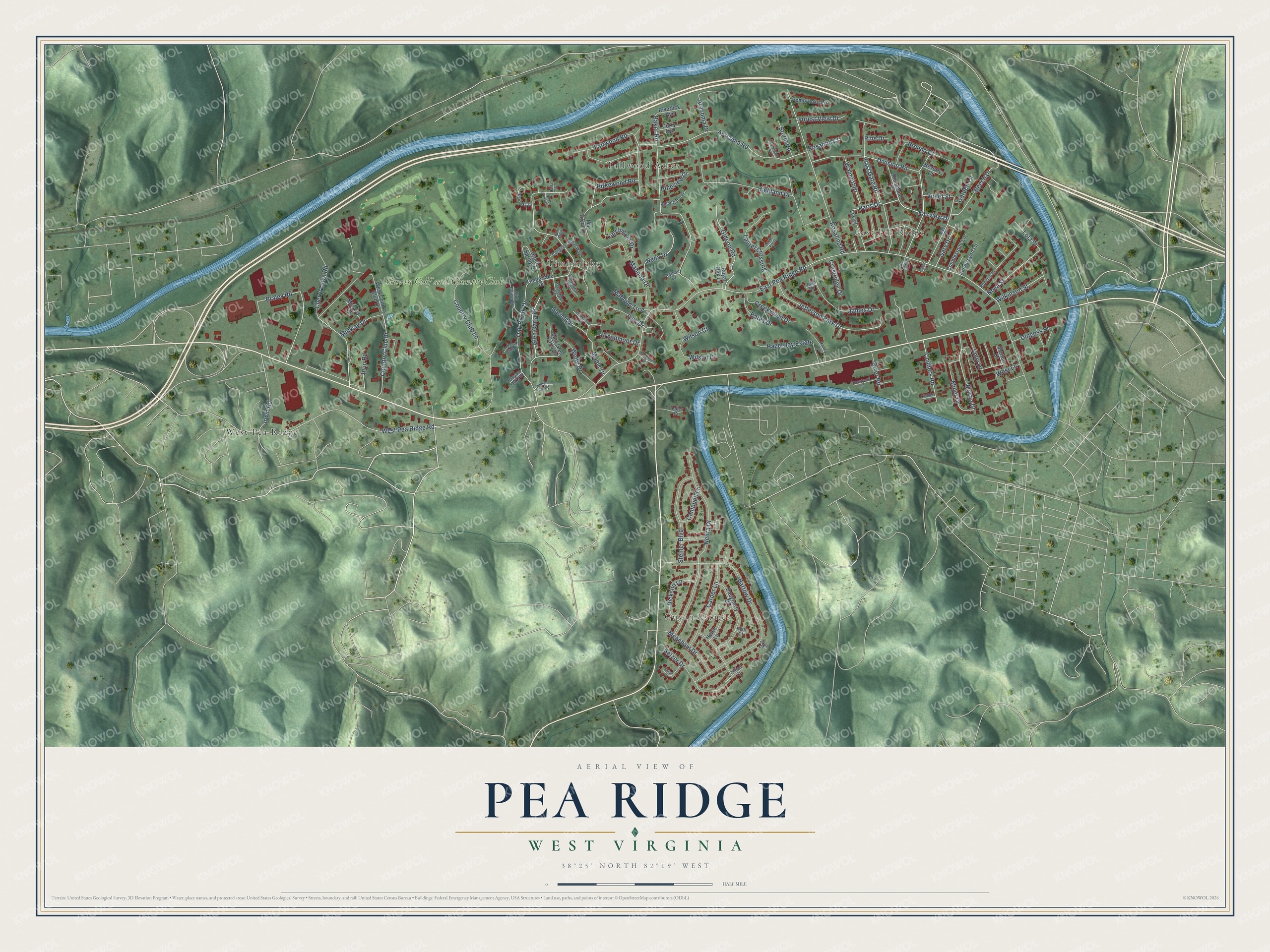 Full map of Pea Ridge, West Virginia, with red buildings, printed street names and the land around them