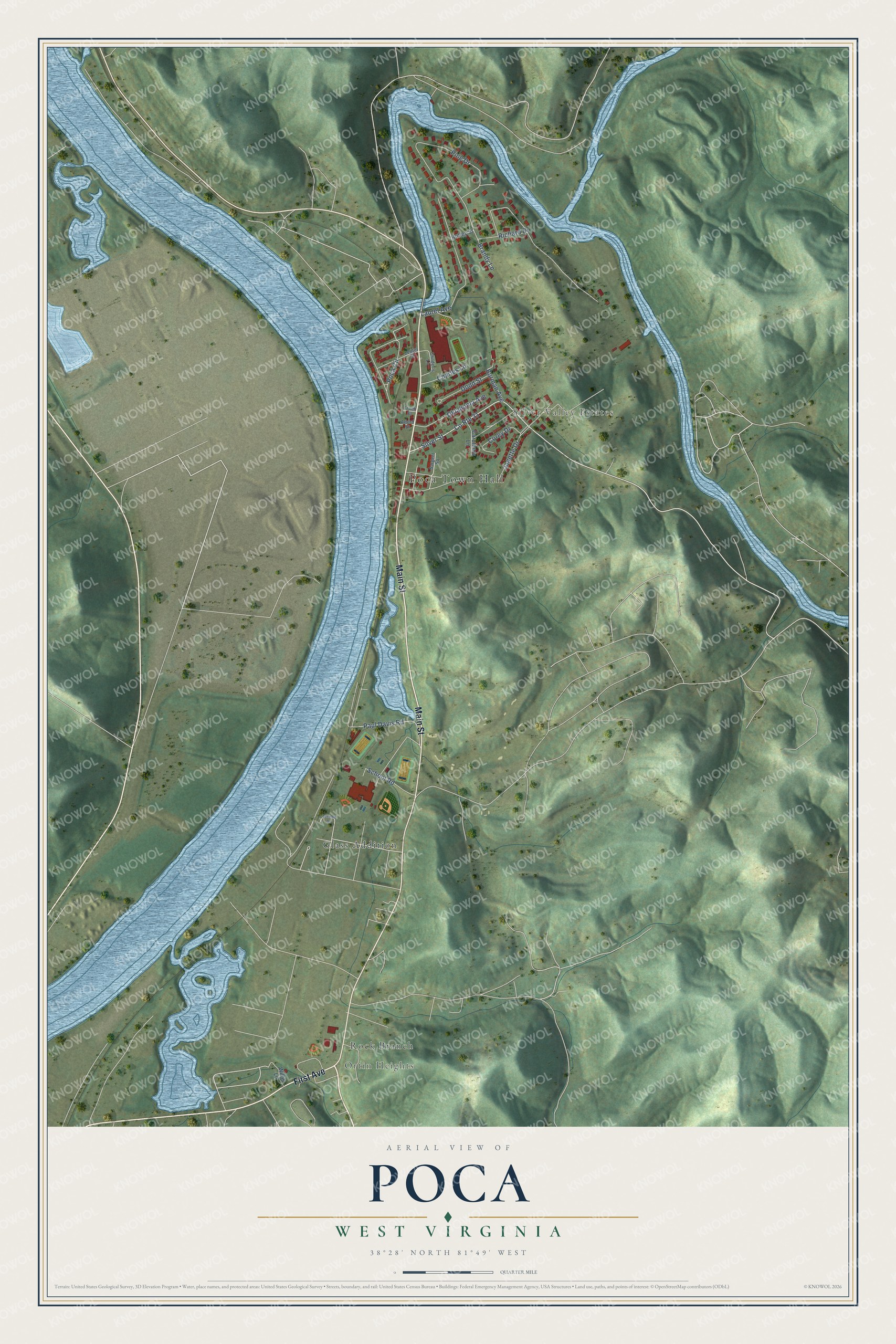 Full map of Poca, West Virginia, with red buildings, printed street names and the land around them