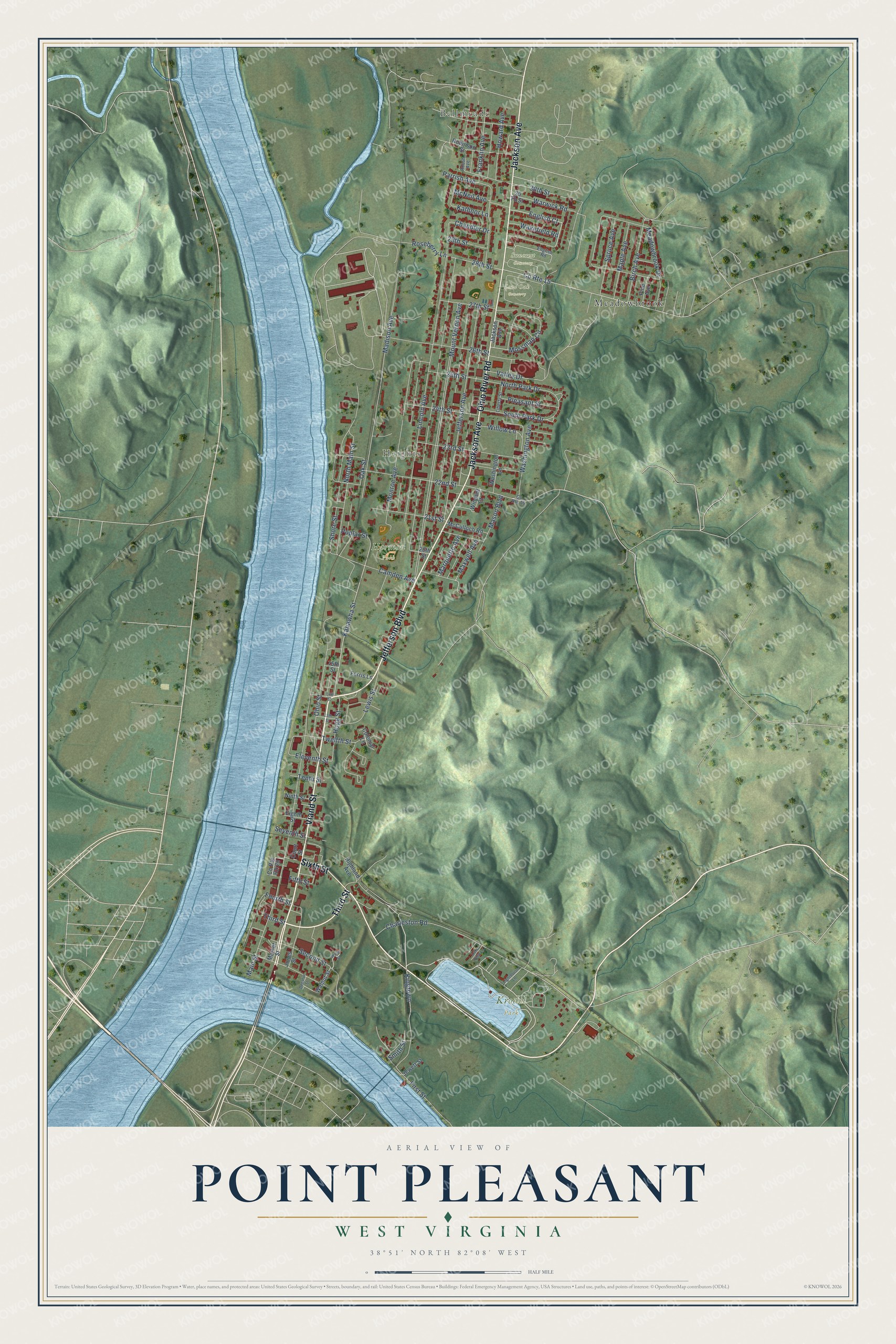 Full map of Point Pleasant, West Virginia, with red buildings, printed street names and the land around them