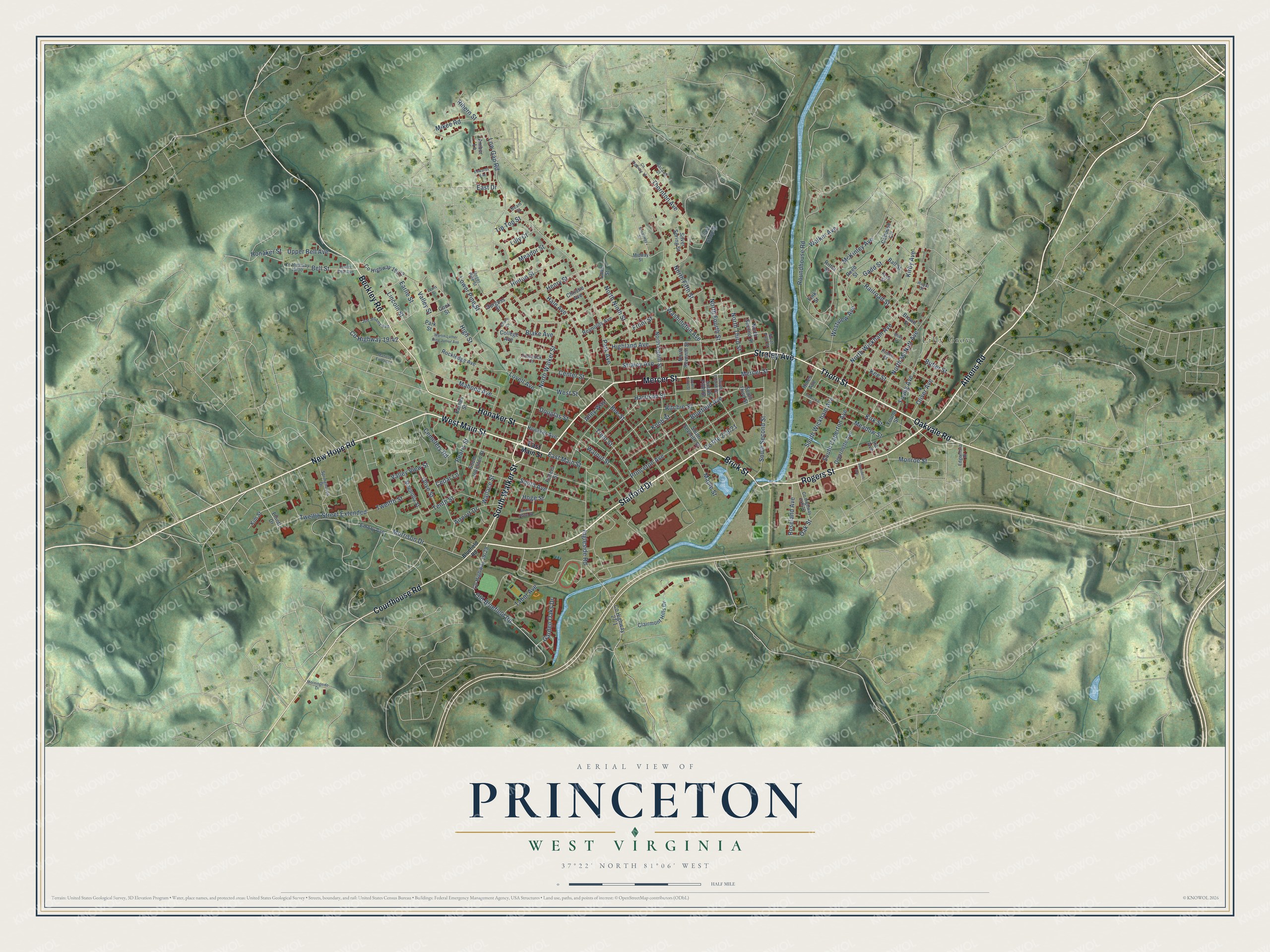 Full map of Princeton, West Virginia, with red buildings, printed street names and the land around them
