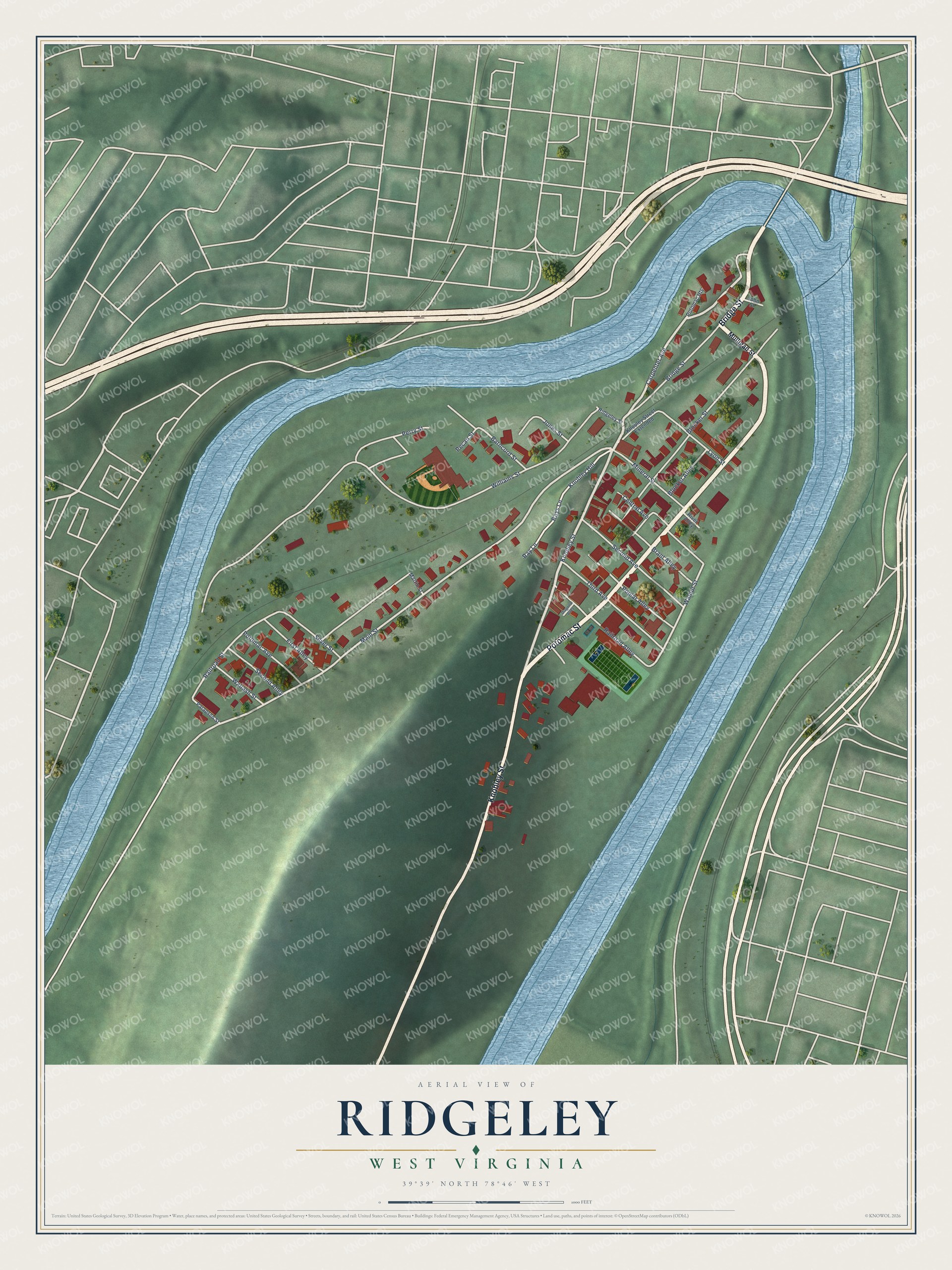 Full map of Ridgeley, West Virginia, with red buildings, printed street names and the land around them