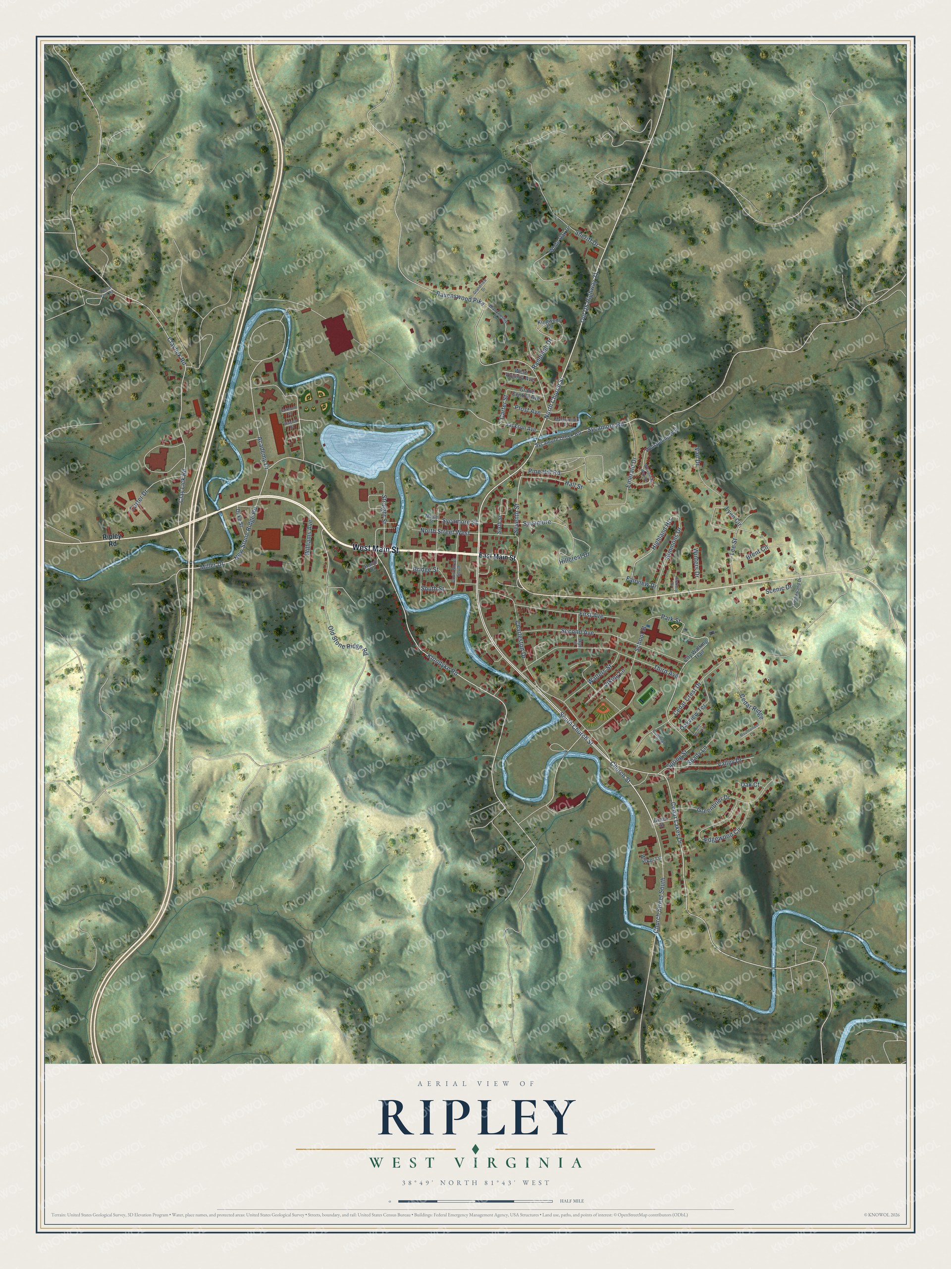 Full map of Ripley, West Virginia, with red buildings, printed street names and the land around them