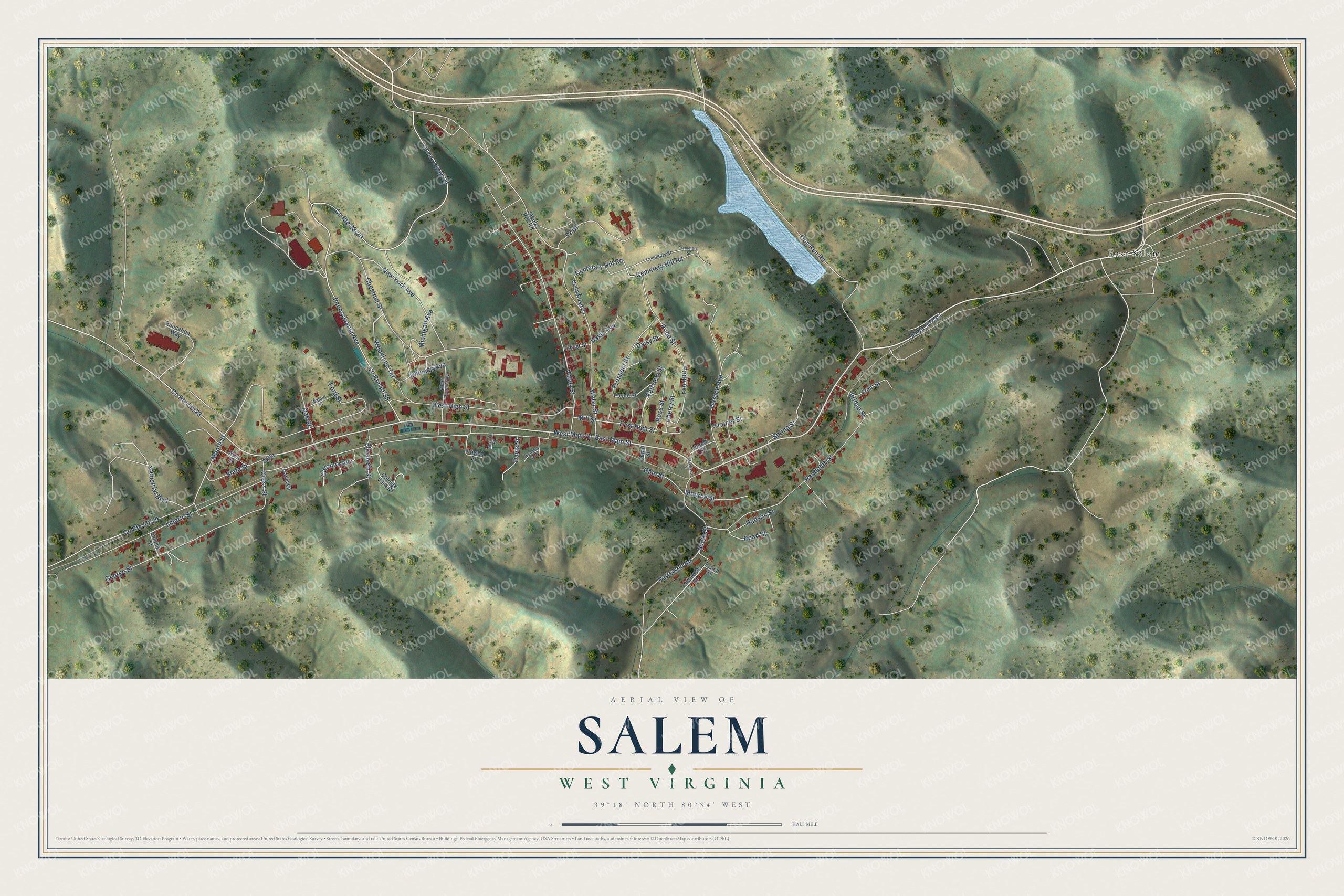 Full map of Salem, West Virginia, with red buildings, printed street names and the land around them