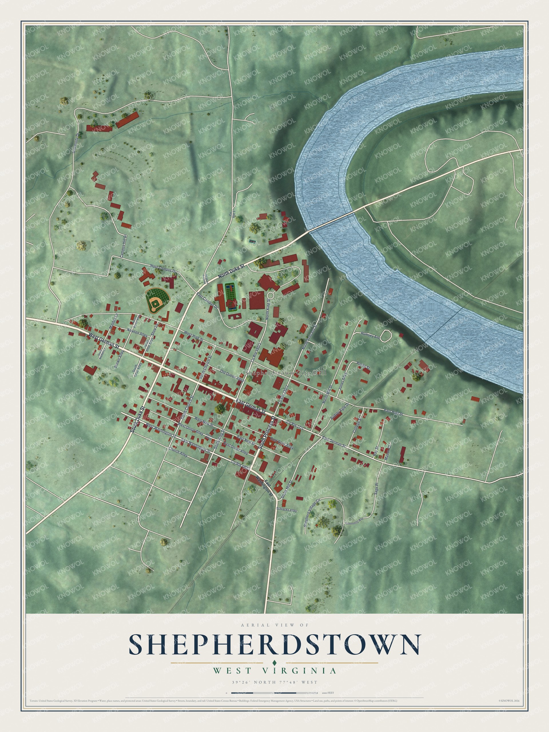 Full Shepherdstown, West Virginia map with red buildings, pale streets, green terrain, a blue river bend and a cream title panel