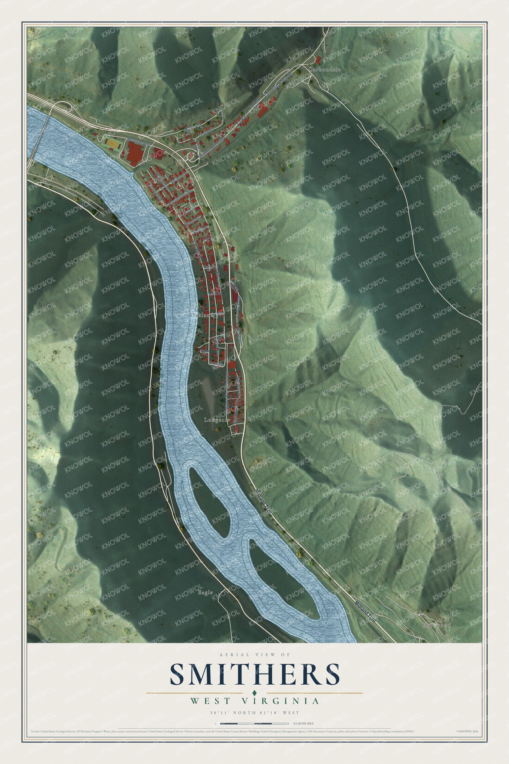 Full map of Smithers, West Virginia, with red buildings, printed street names and the land around them