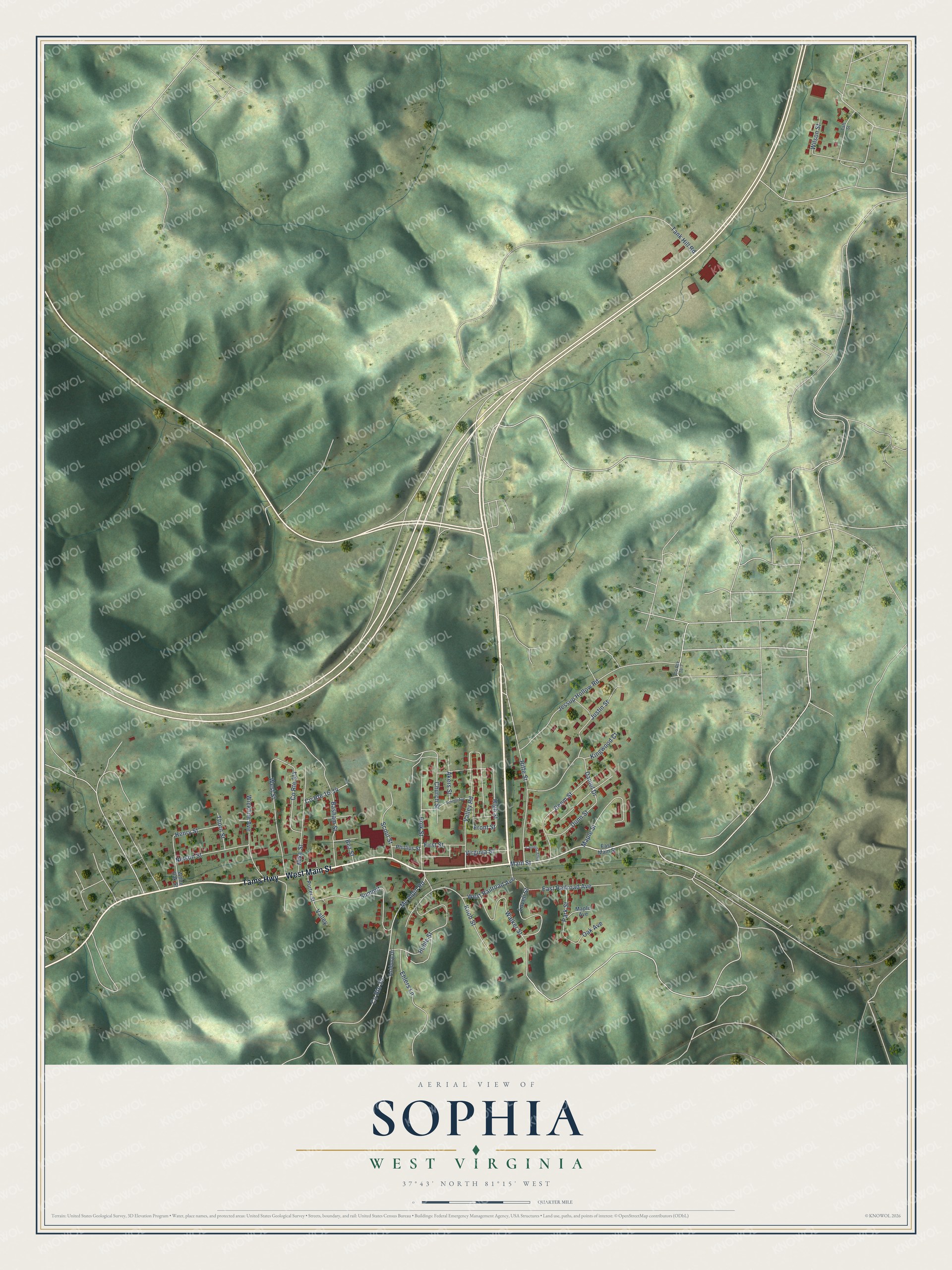 Full map of Sophia, West Virginia, with red buildings, printed street names and the land around them