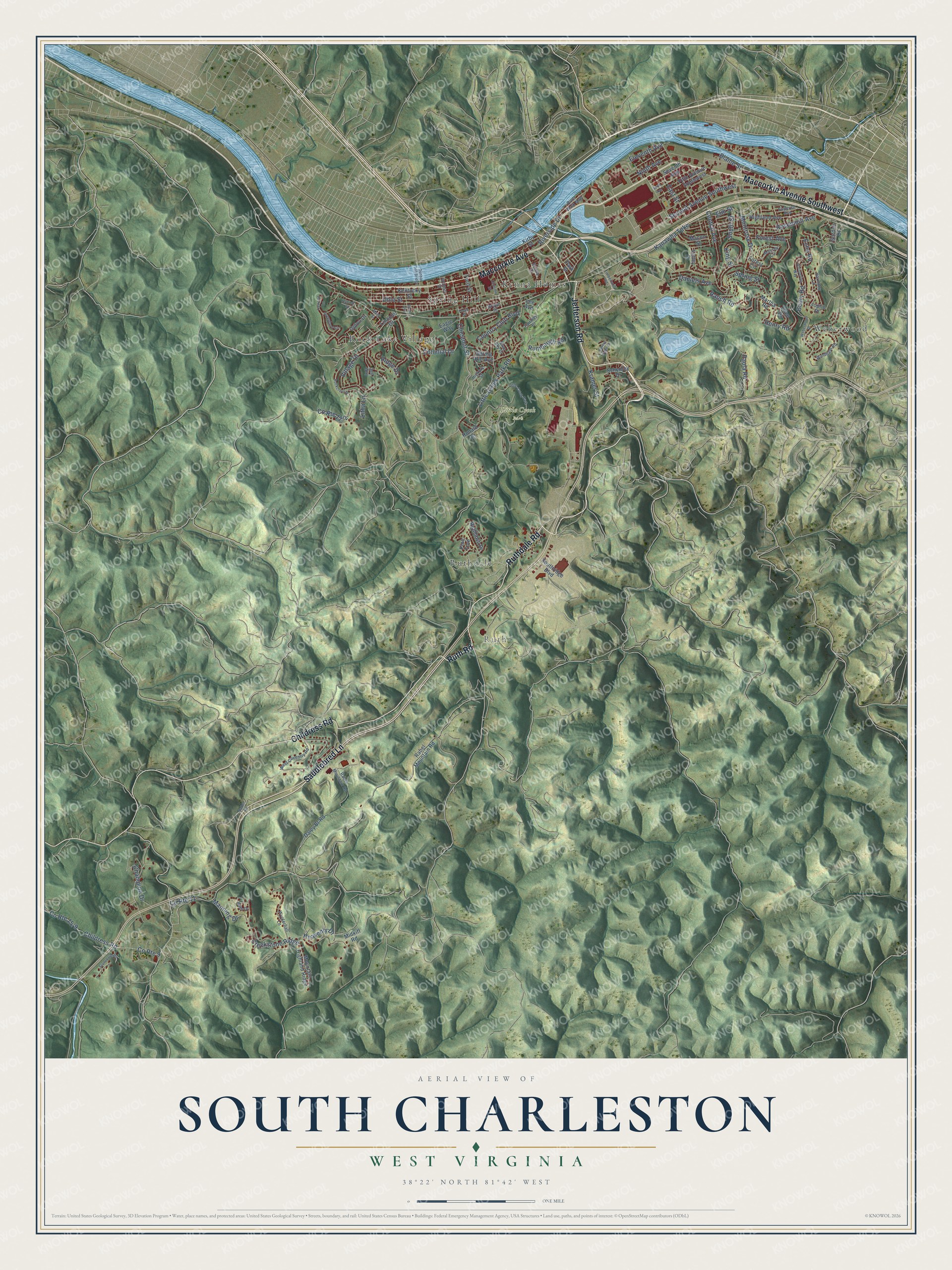 Full map of South Charleston, West Virginia, with red buildings, printed street names and the land around them