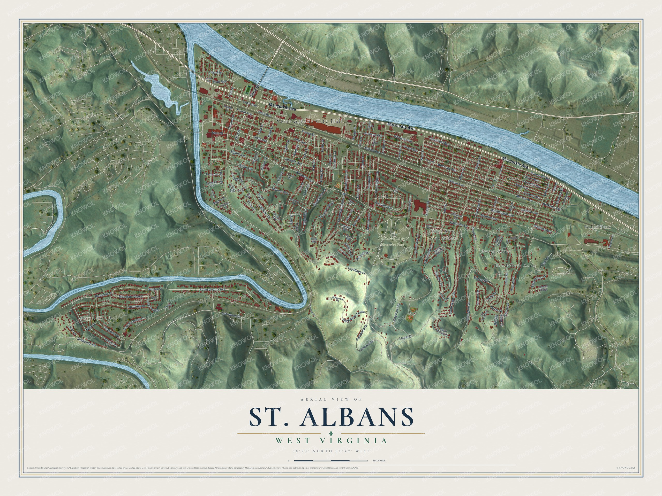 Full map of St. Albans, West Virginia, with red buildings, printed street names and the land around them