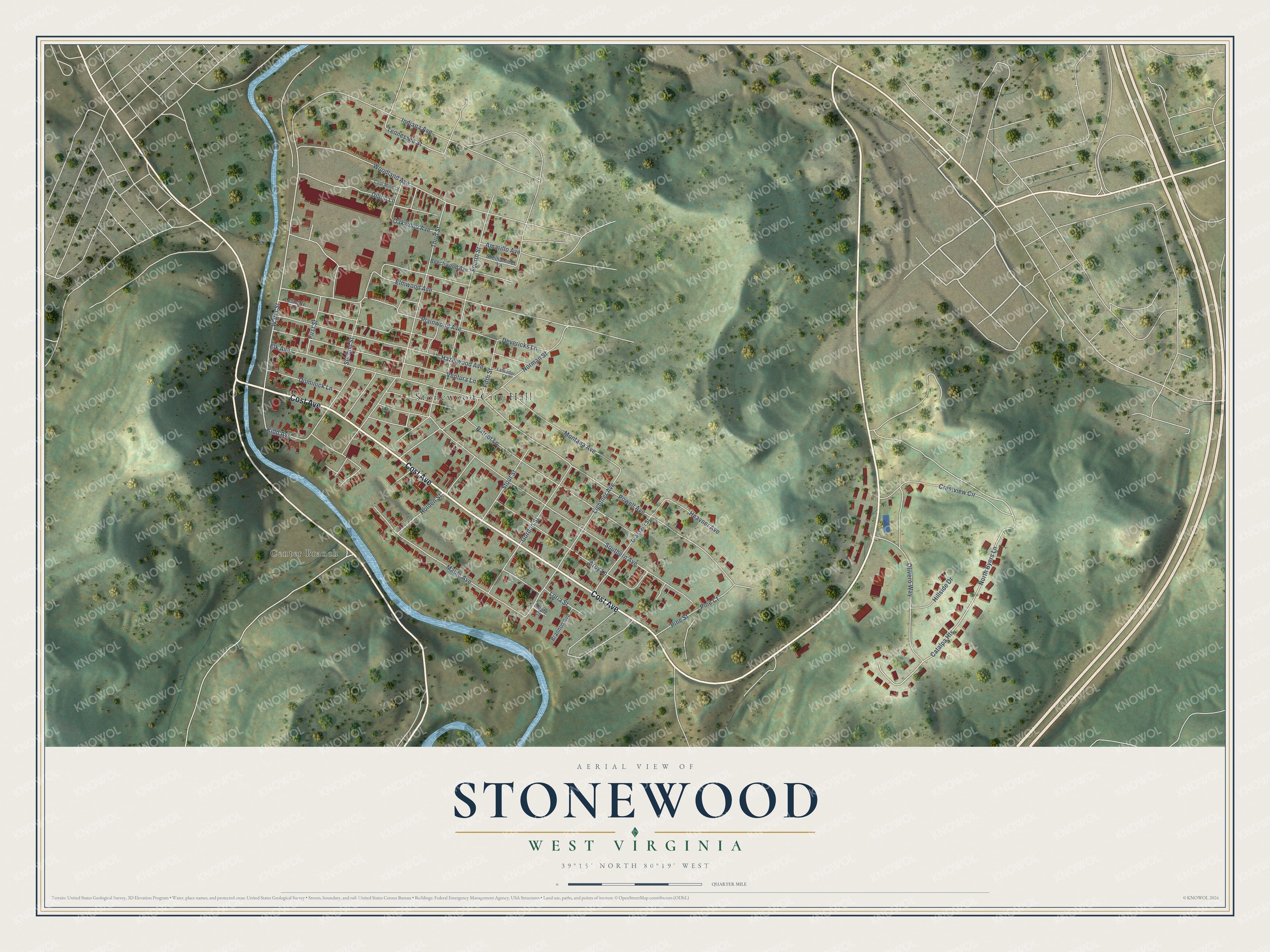 Full map of Stonewood, West Virginia, with red buildings, printed street names and the land around them