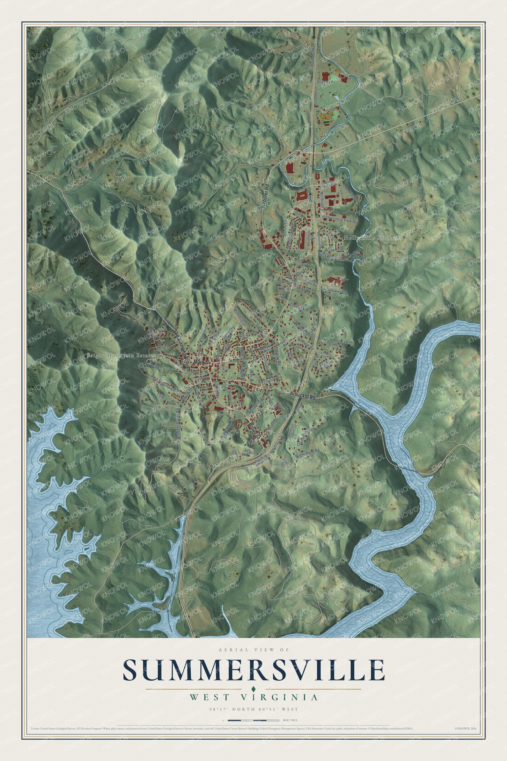 Full map of Summersville, West Virginia, with red buildings, printed street names and the land around them
