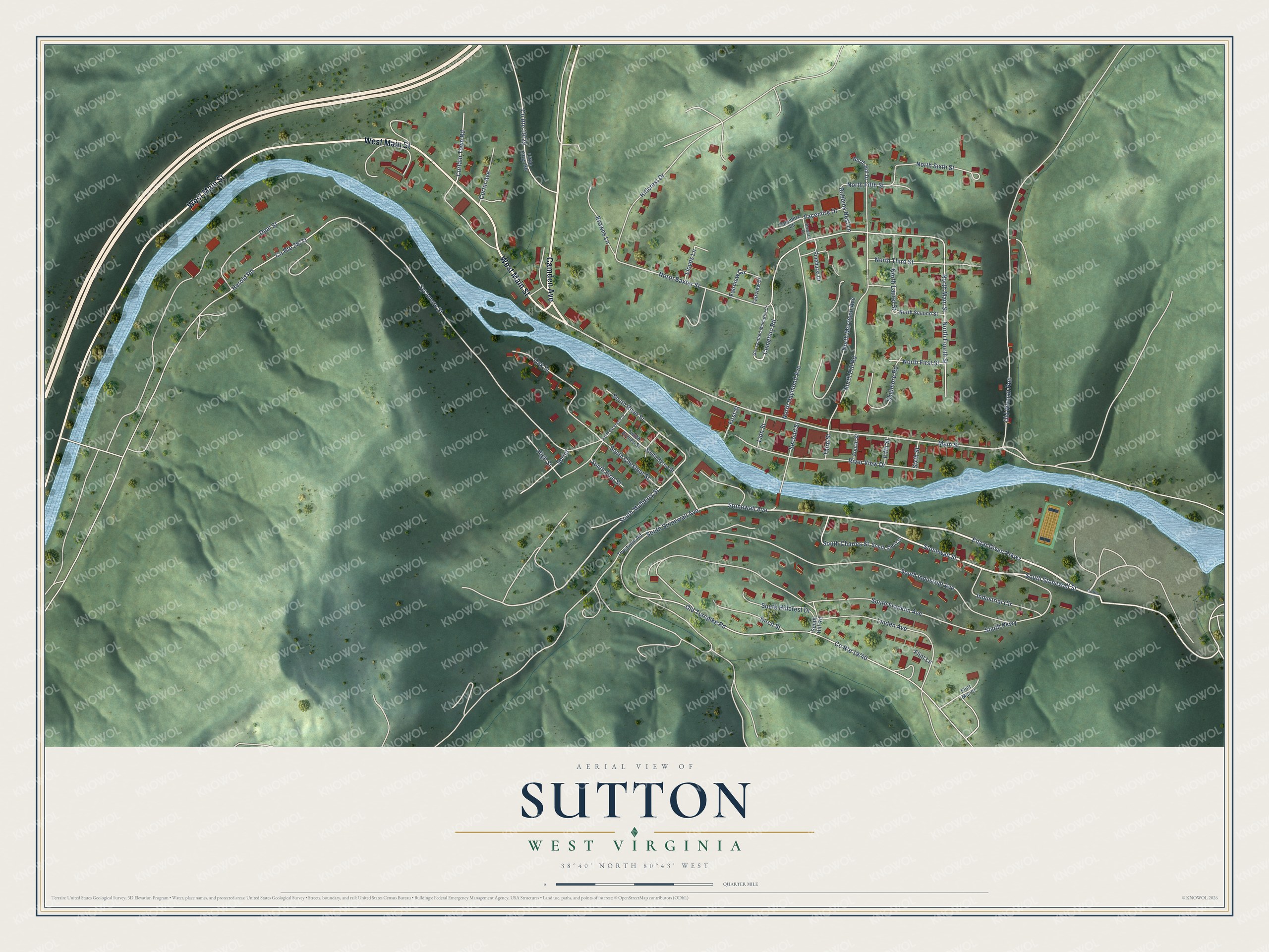 Full map of Sutton, West Virginia, with red buildings, printed street names and the land around them