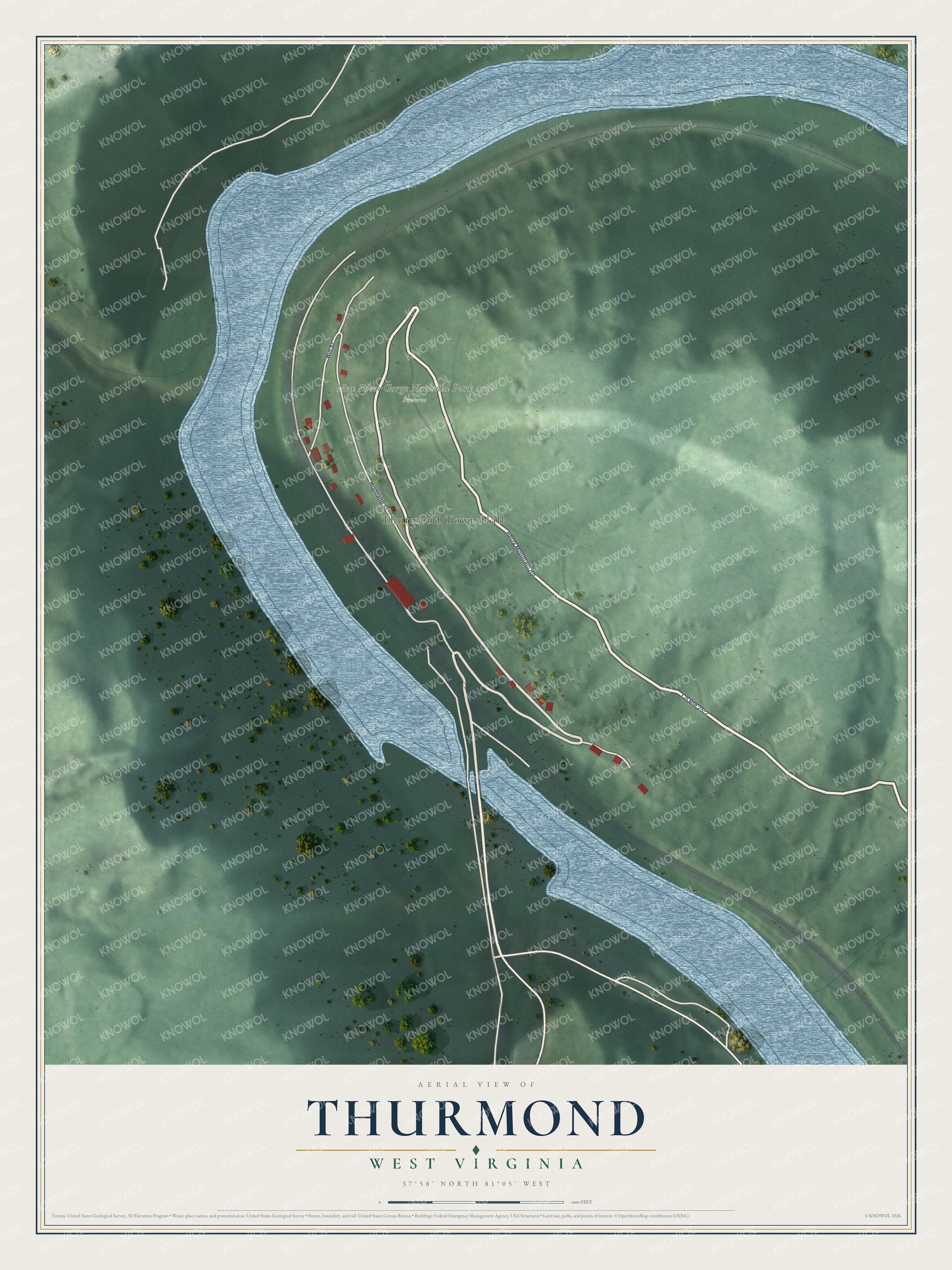 Full map of Thurmond, West Virginia, with red buildings, printed street names and the land around them