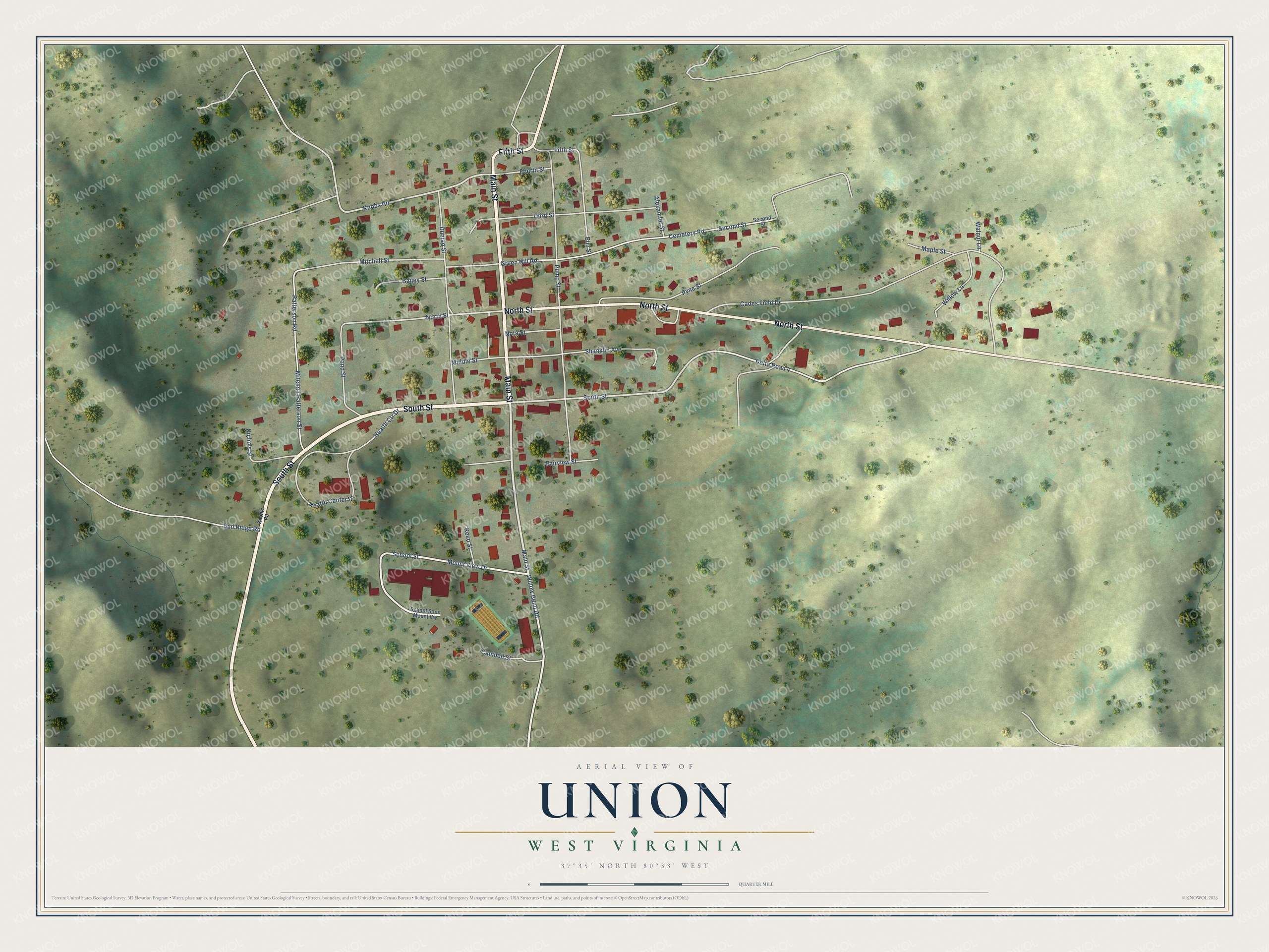 Full map of Union, West Virginia, with red buildings, printed street names and the land around them