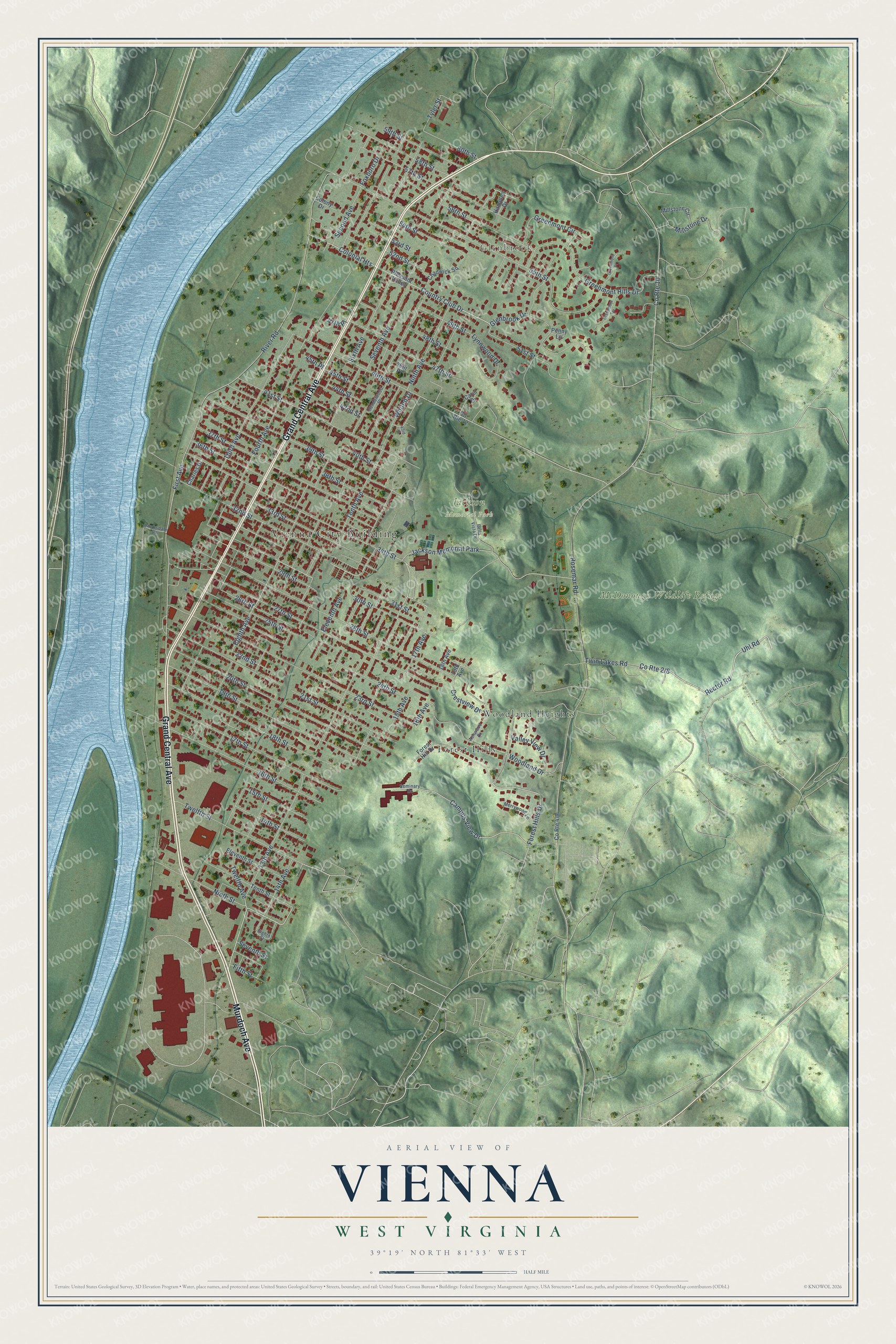Full map of Vienna, West Virginia, with red buildings, printed street names and the land around them