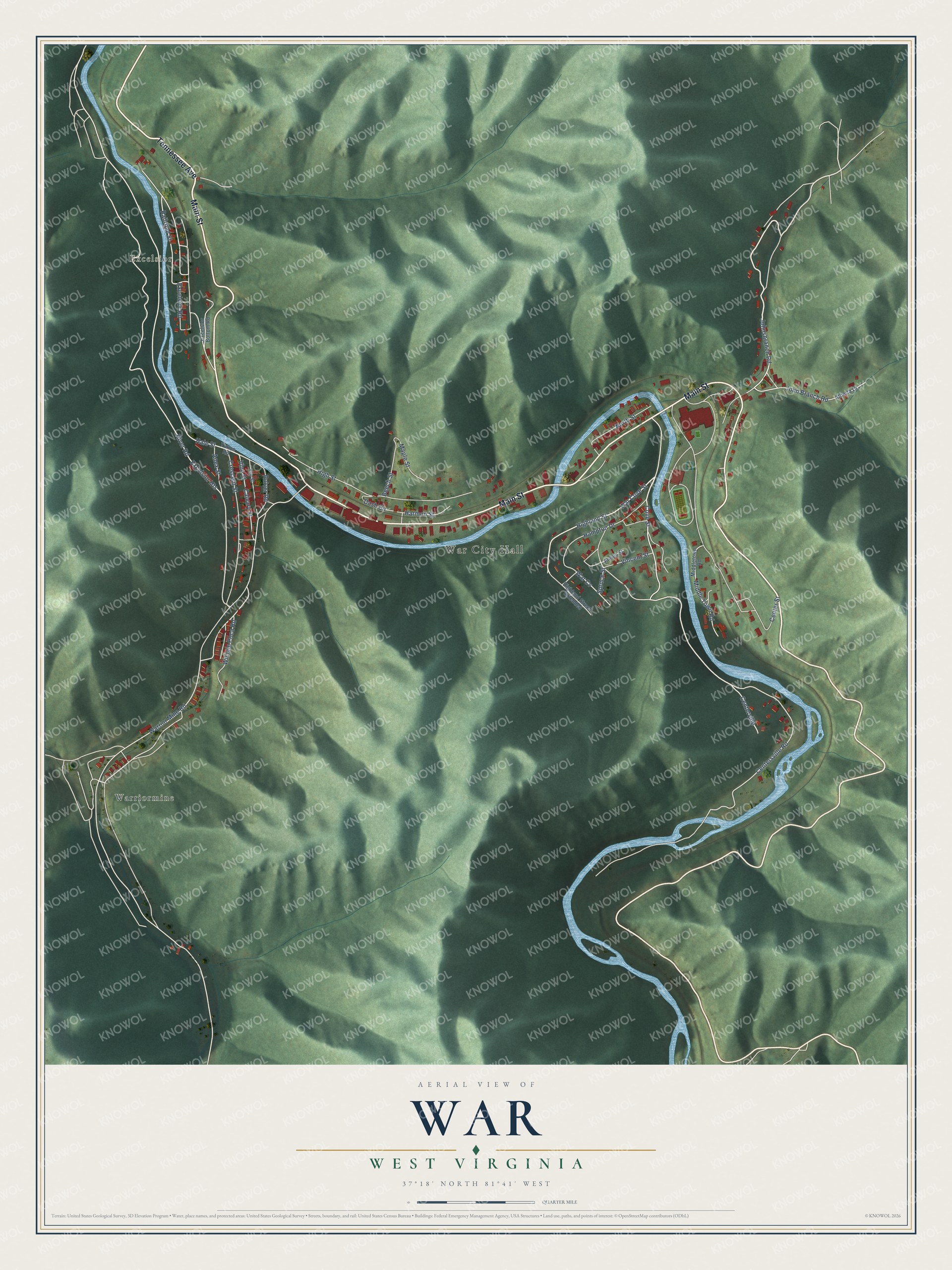 Full map of War, West Virginia, with red buildings, printed street names and the land around them