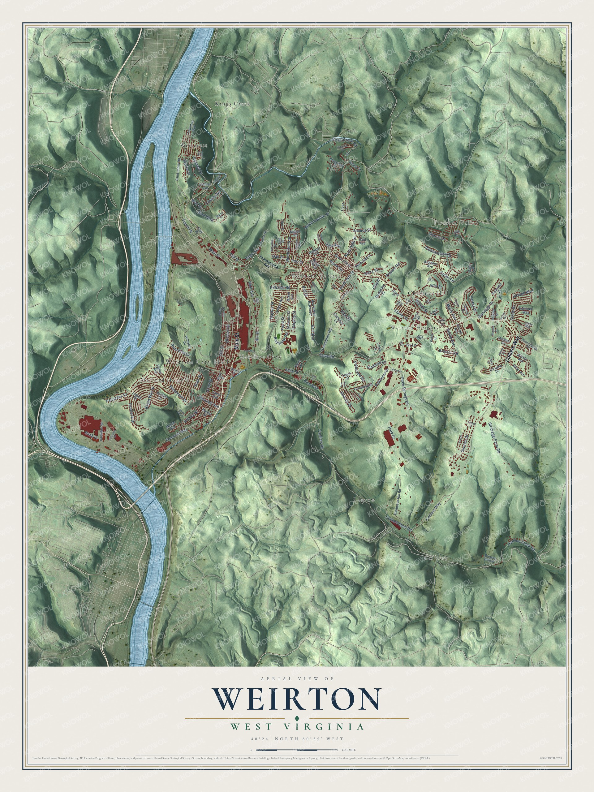 Full map of Weirton, West Virginia, with red buildings, printed street names and the land around them