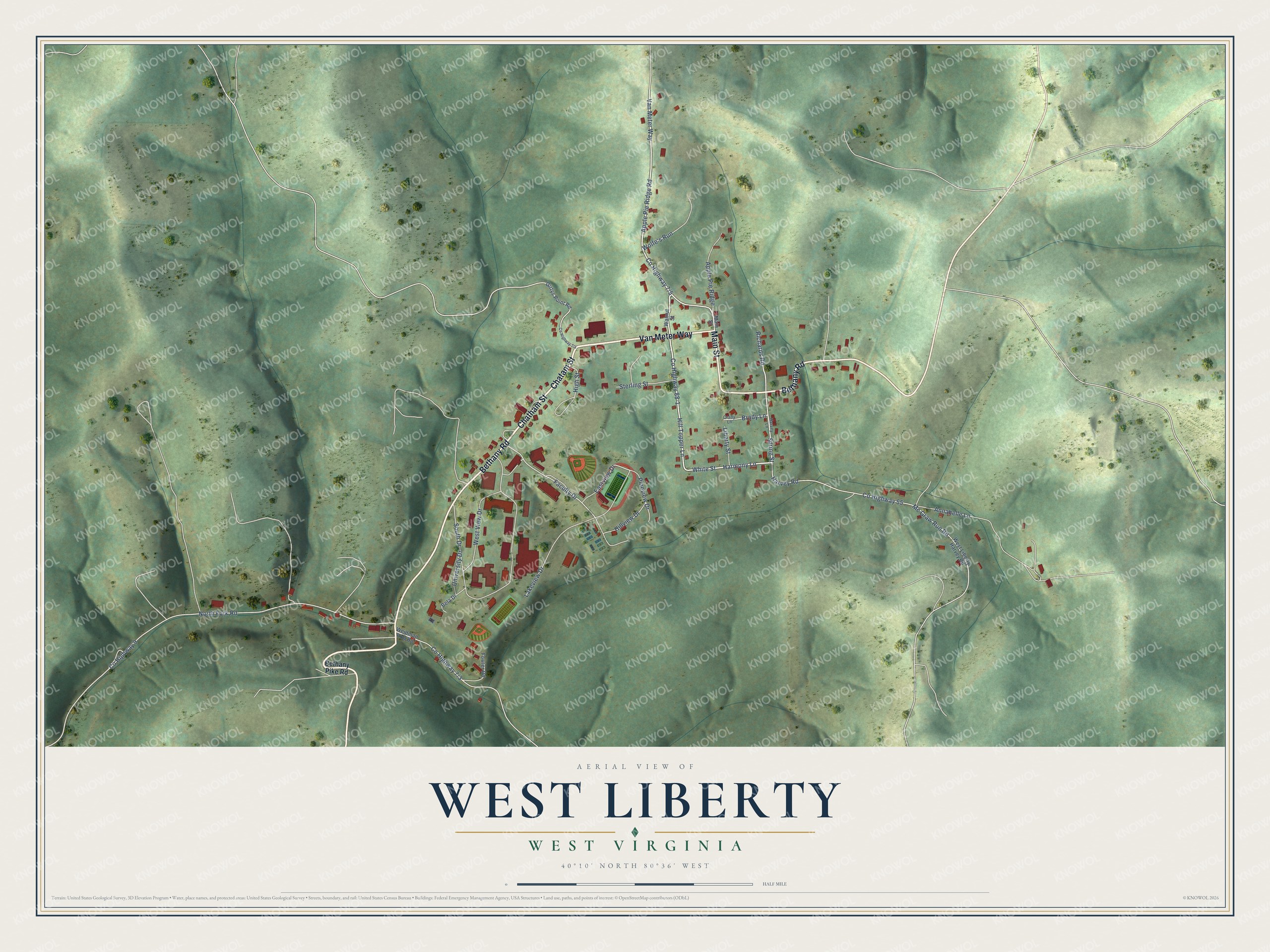 Full map of West Liberty, West Virginia, with red buildings, printed street names and the land around them