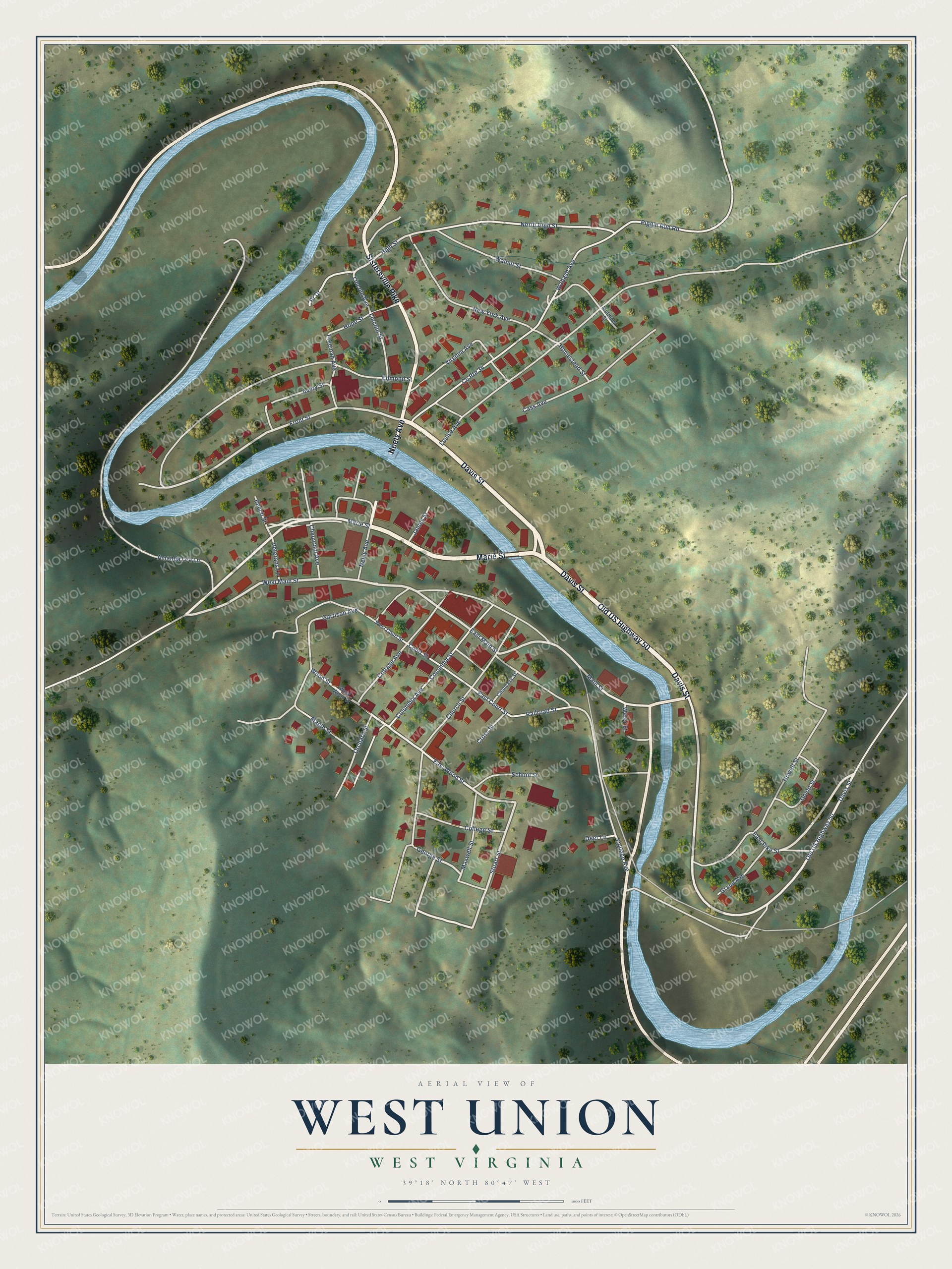 Full map of West Union, West Virginia, with red buildings, printed street names and the land around them