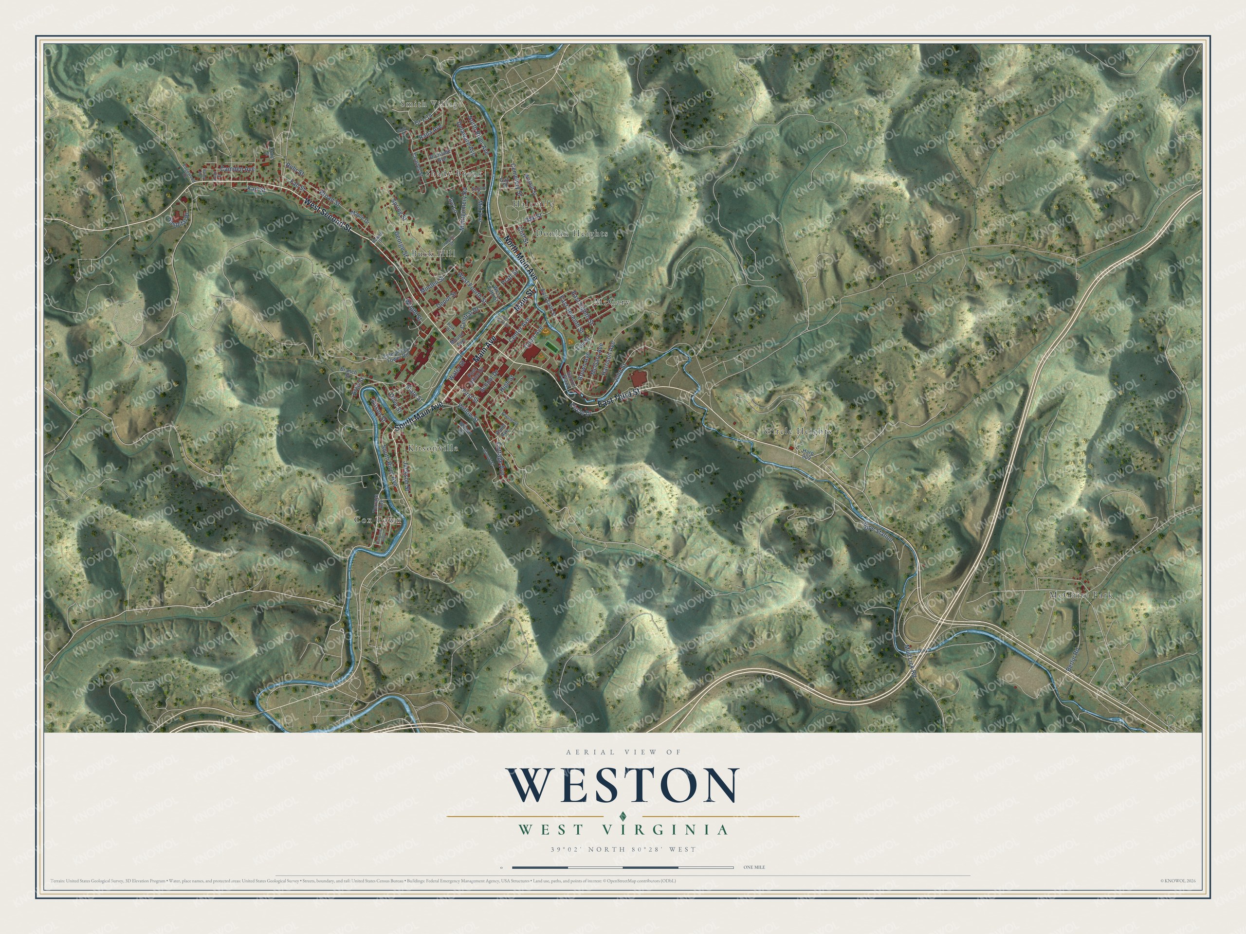 Full map of Weston, West Virginia, with red buildings, printed street names and the land around them