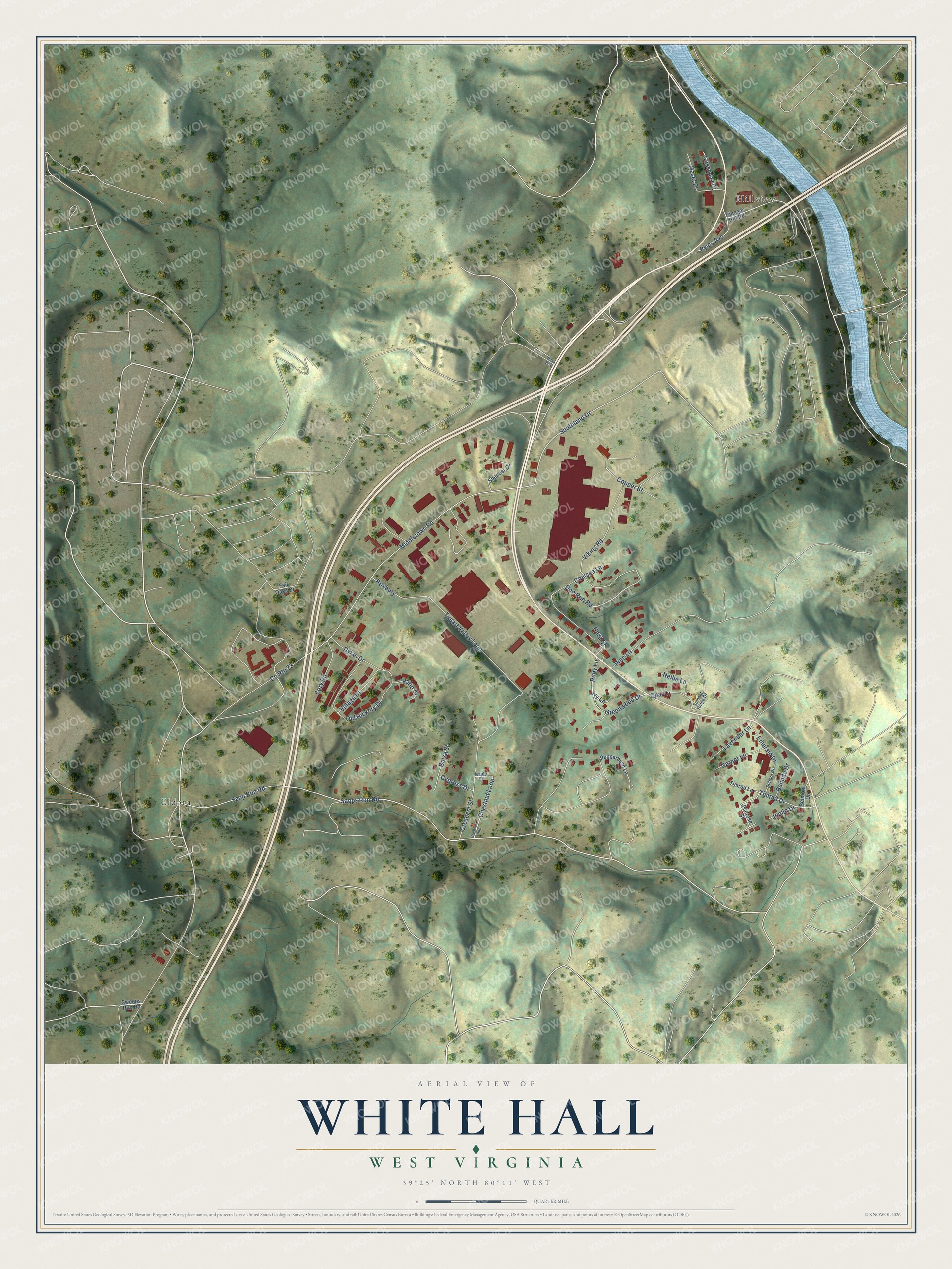 Full map of White Hall, West Virginia, with red buildings, printed street names and the land around them
