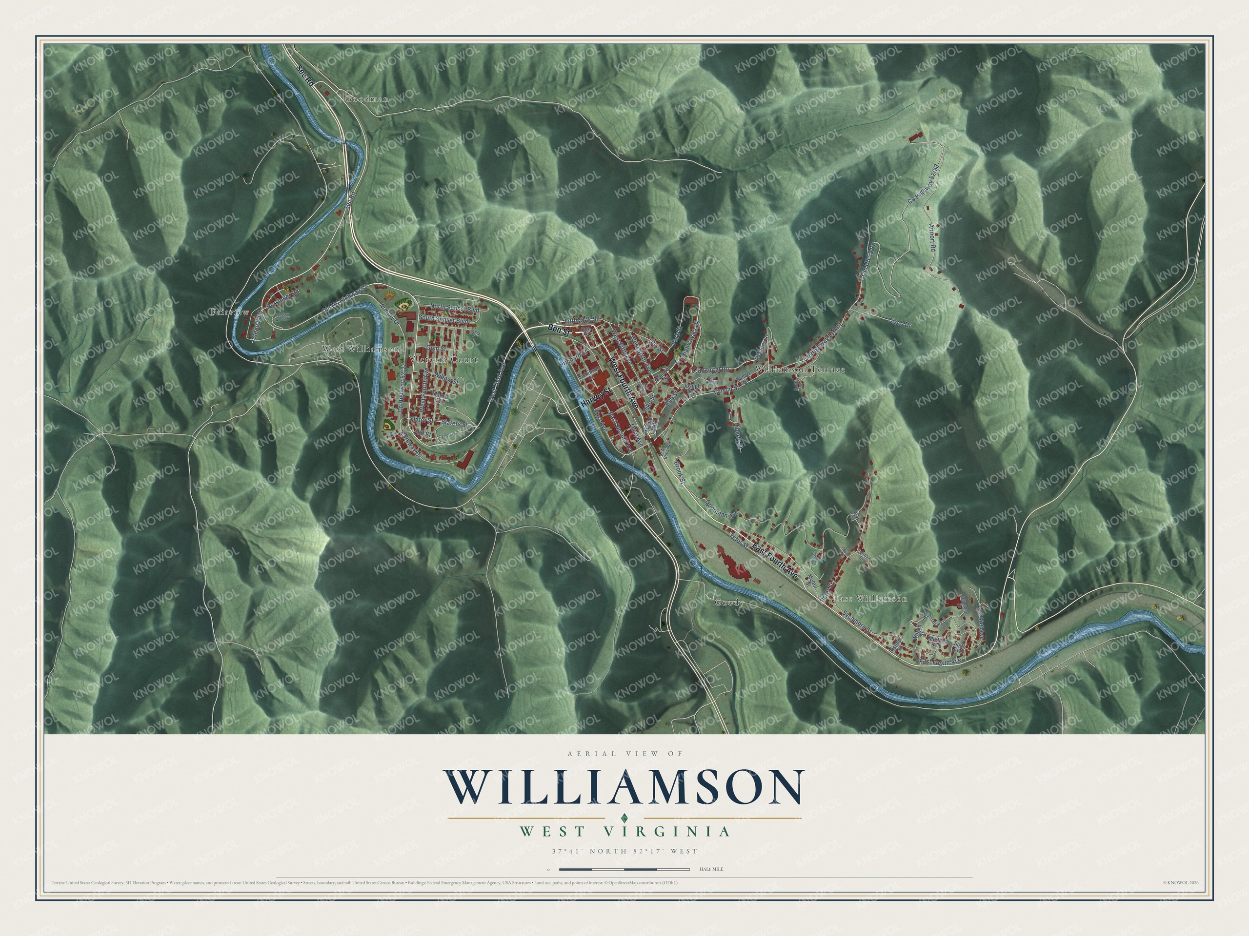 Full map of Williamson, West Virginia, with red buildings, printed street names and the land around them