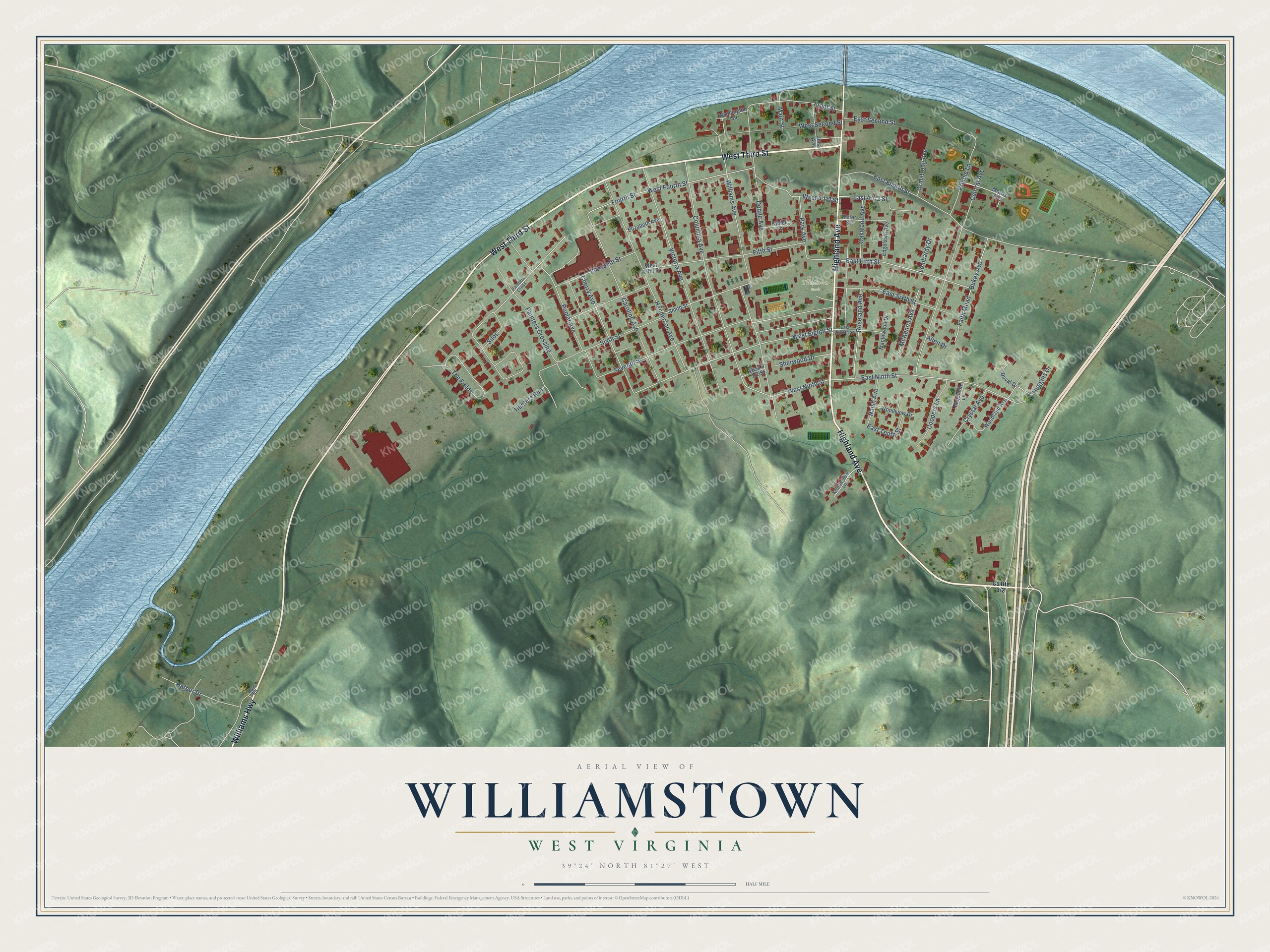 Full map of Williamstown, West Virginia, with red buildings, printed street names and the land around them