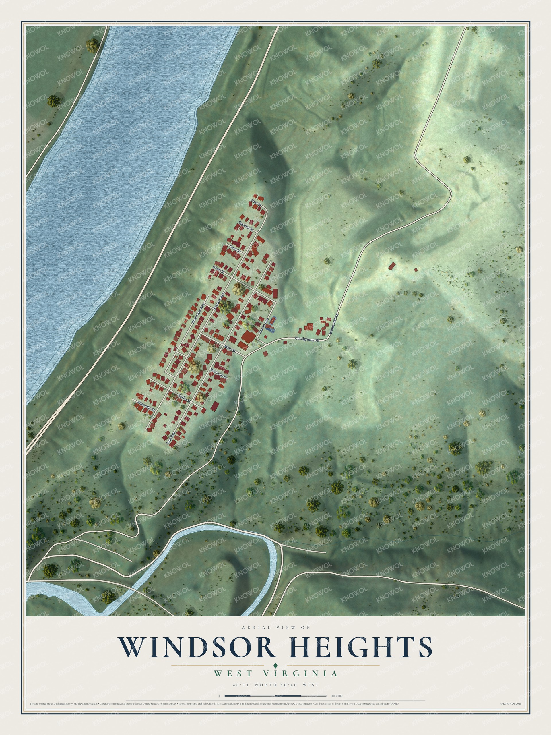 Full map of Windsor Heights, West Virginia, with red buildings, printed street names and the land around them