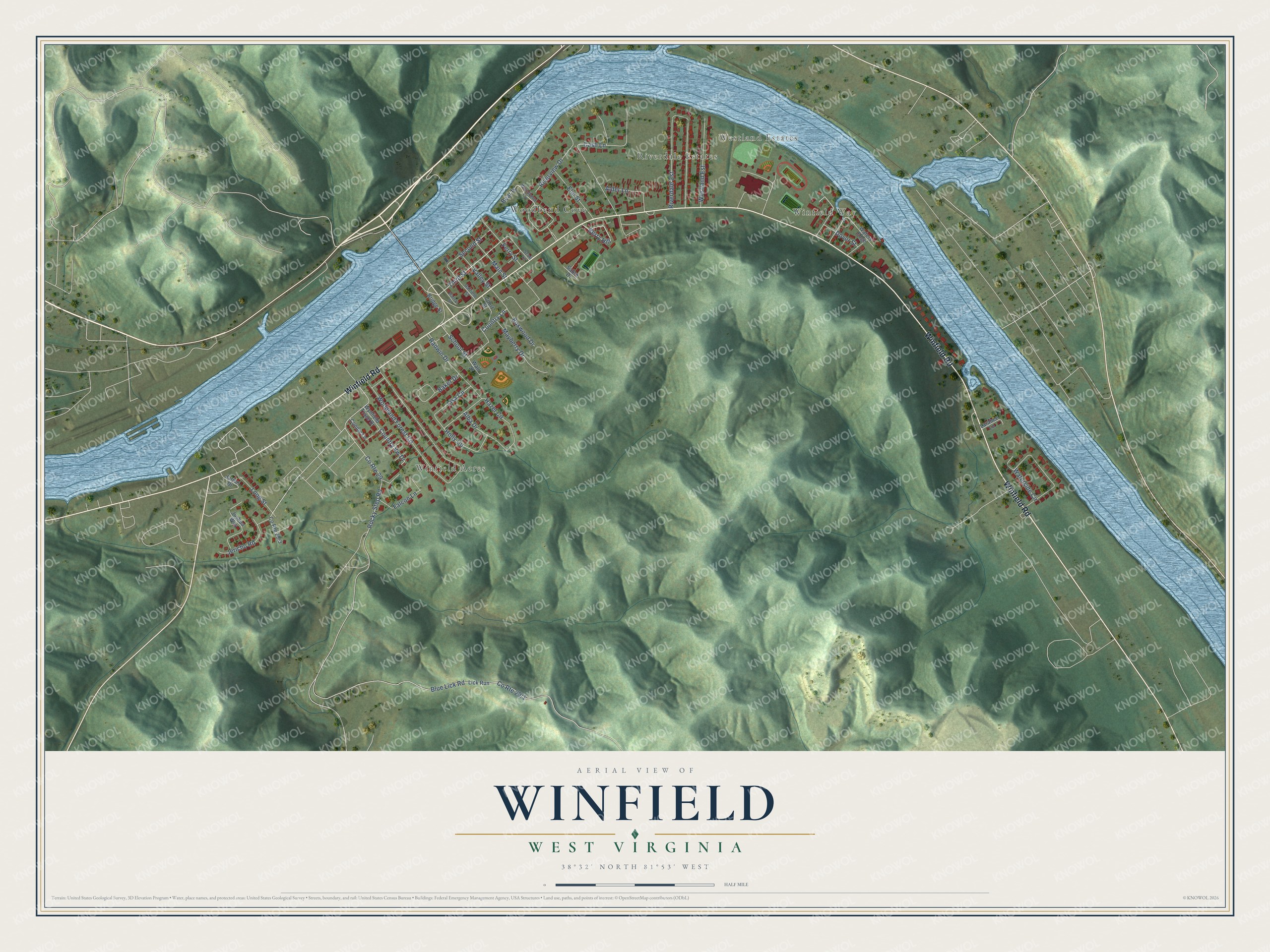 Full map of Winfield, West Virginia, with red buildings, printed street names and the land around them