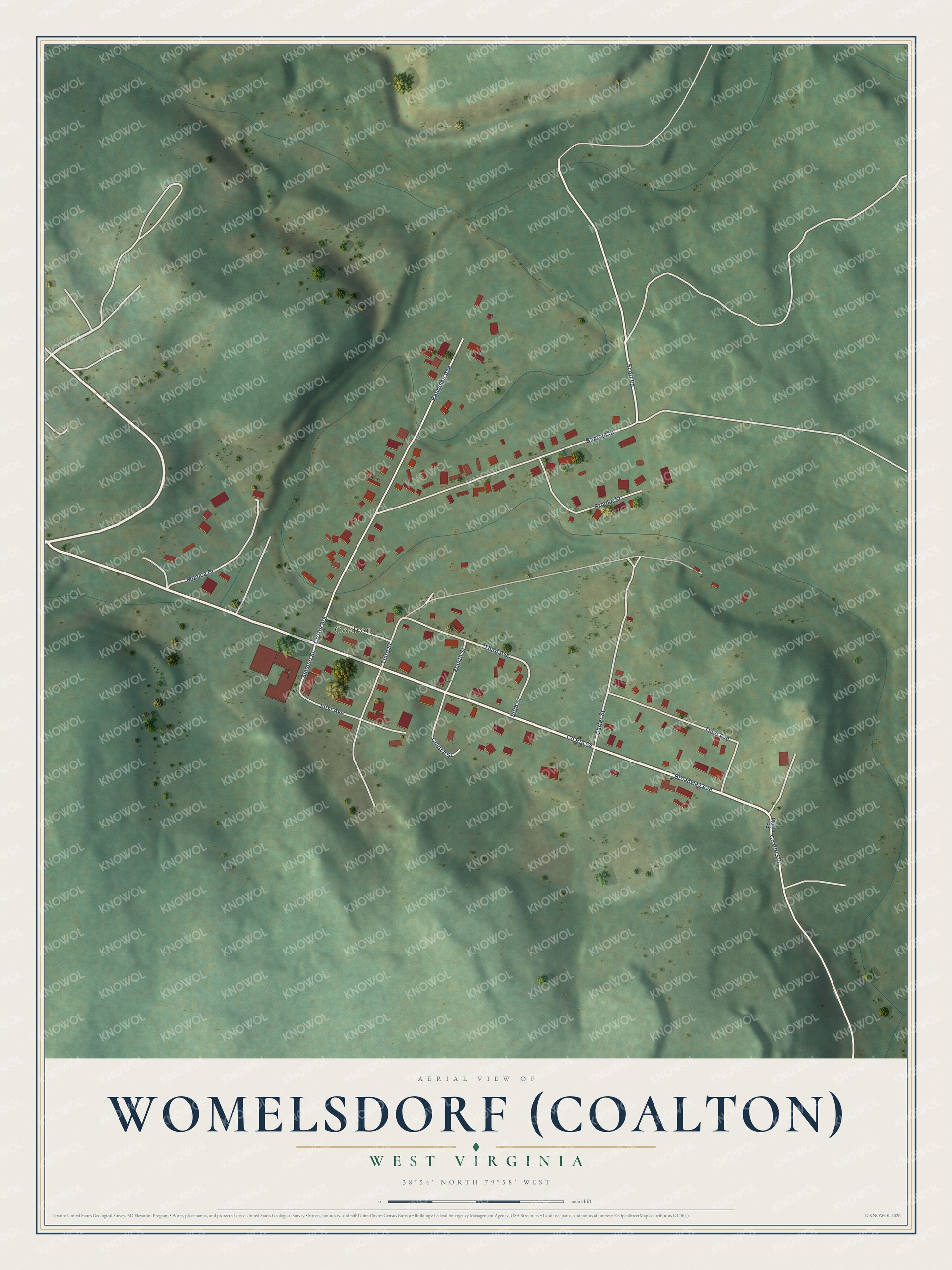 Full map of Womelsdorf (Coalton), West Virginia, with red buildings, printed street names and the land around them