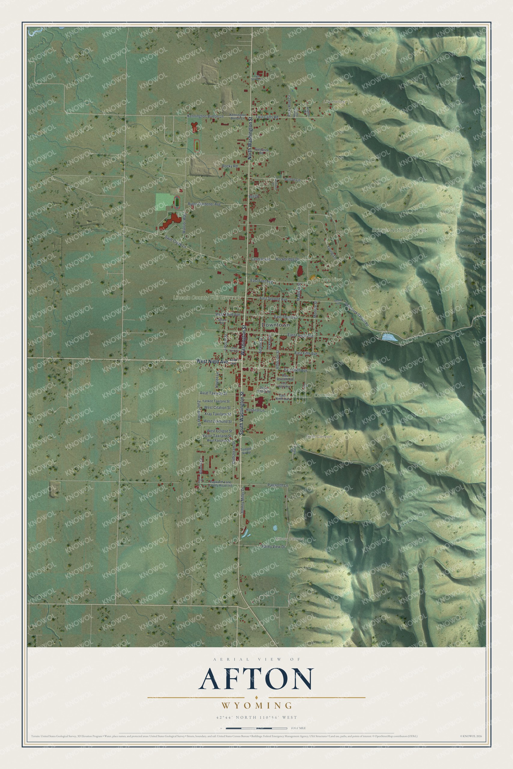 Full map of Afton, Wyoming, with red buildings, printed street names and the land around them