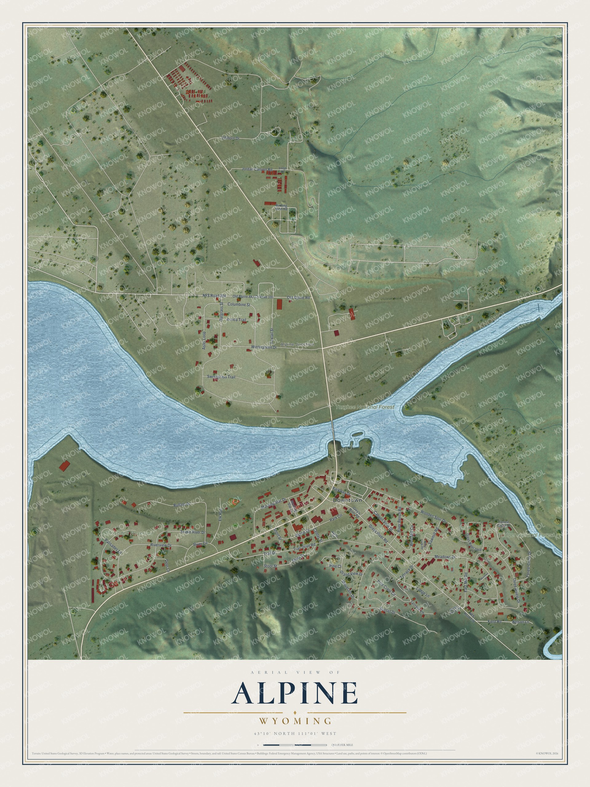 Full map of Alpine, Wyoming, with red buildings, printed street names and the land around them